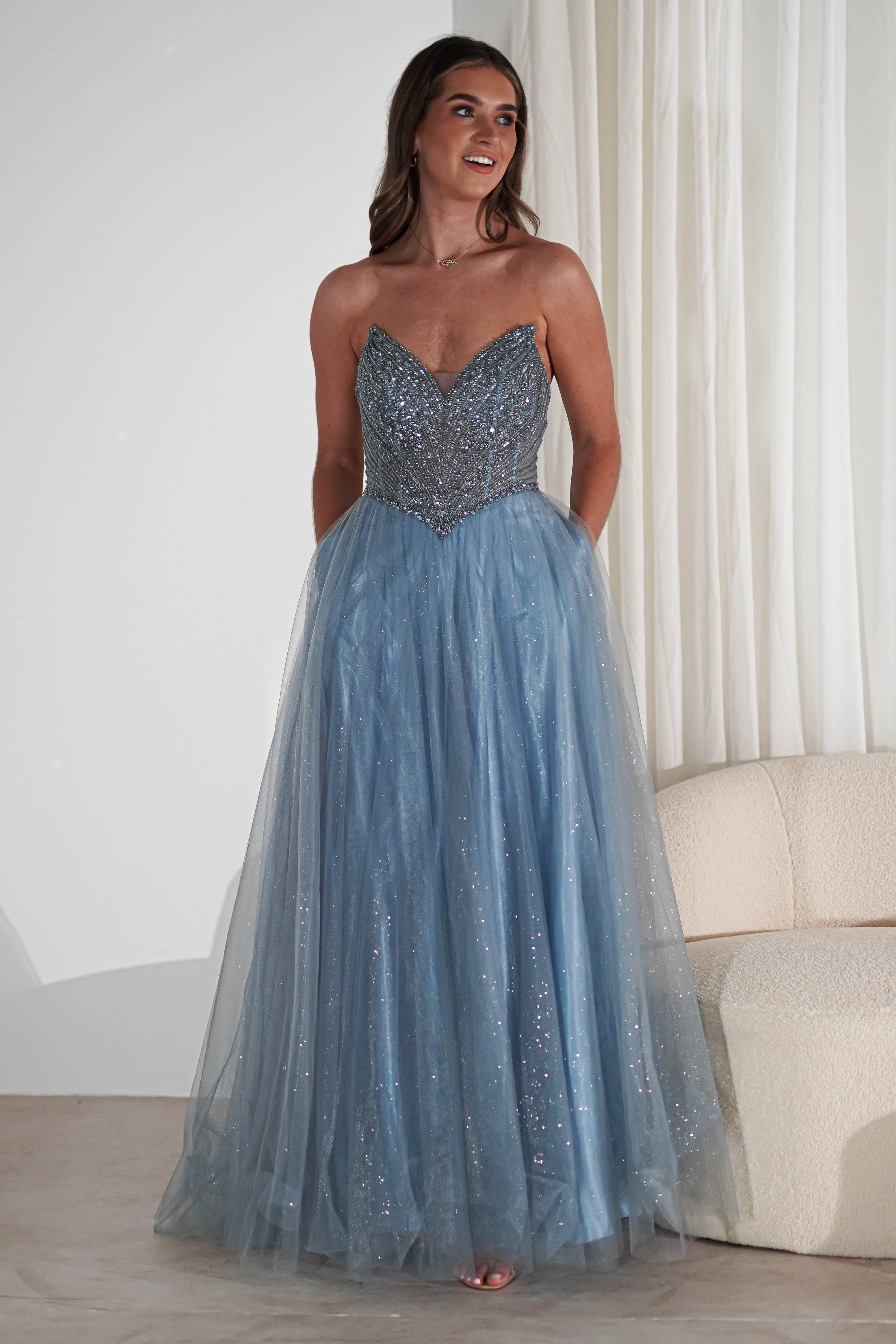 Priscilla Princess Glitter Gown | Dusty Blue | Oh Hello Clothing | XS (6)