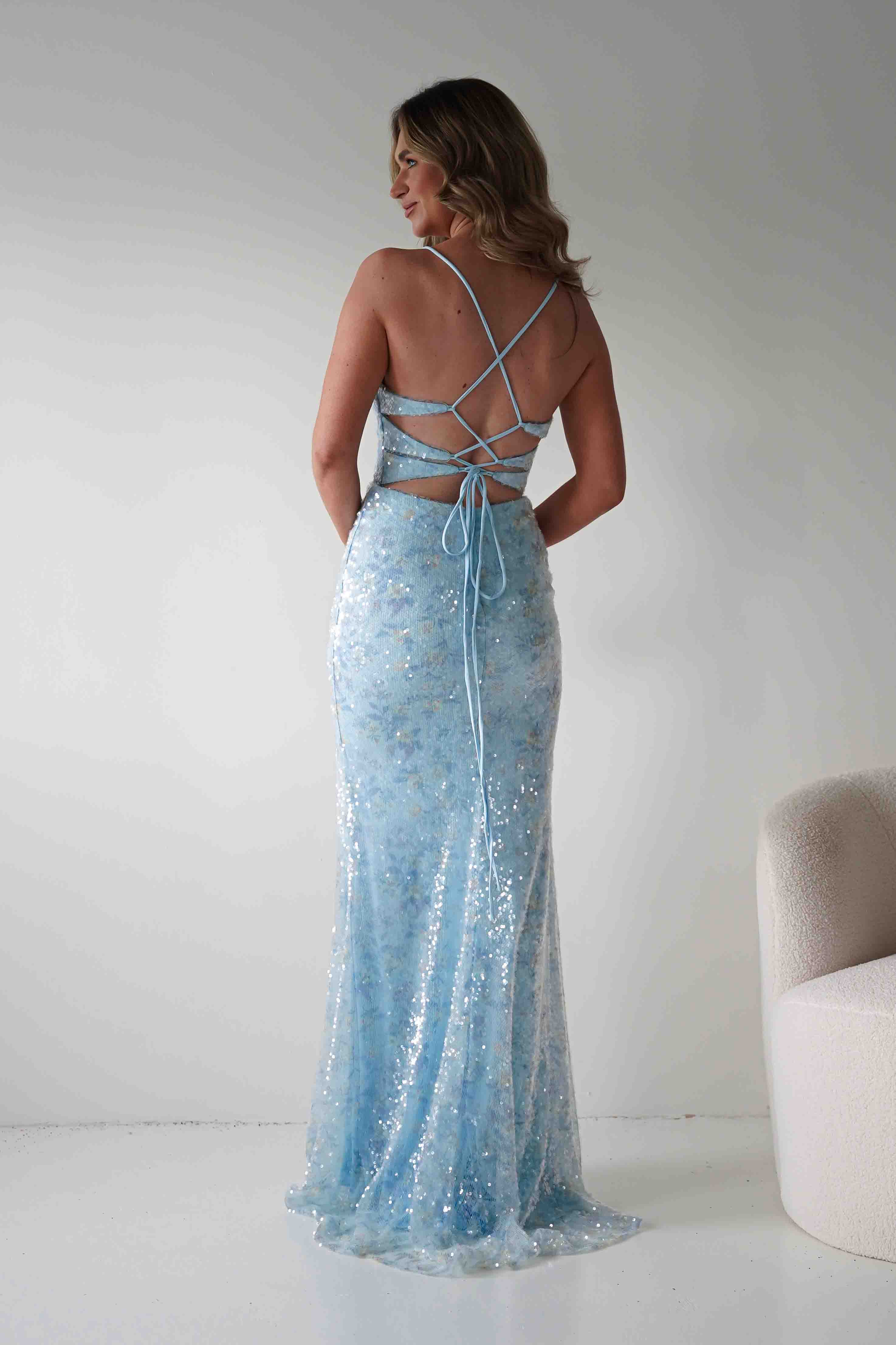 Oh Hello Clothing Dresses > Prom Dresses Rae Bodycon Floral Sequin Maxi Gown | Blue