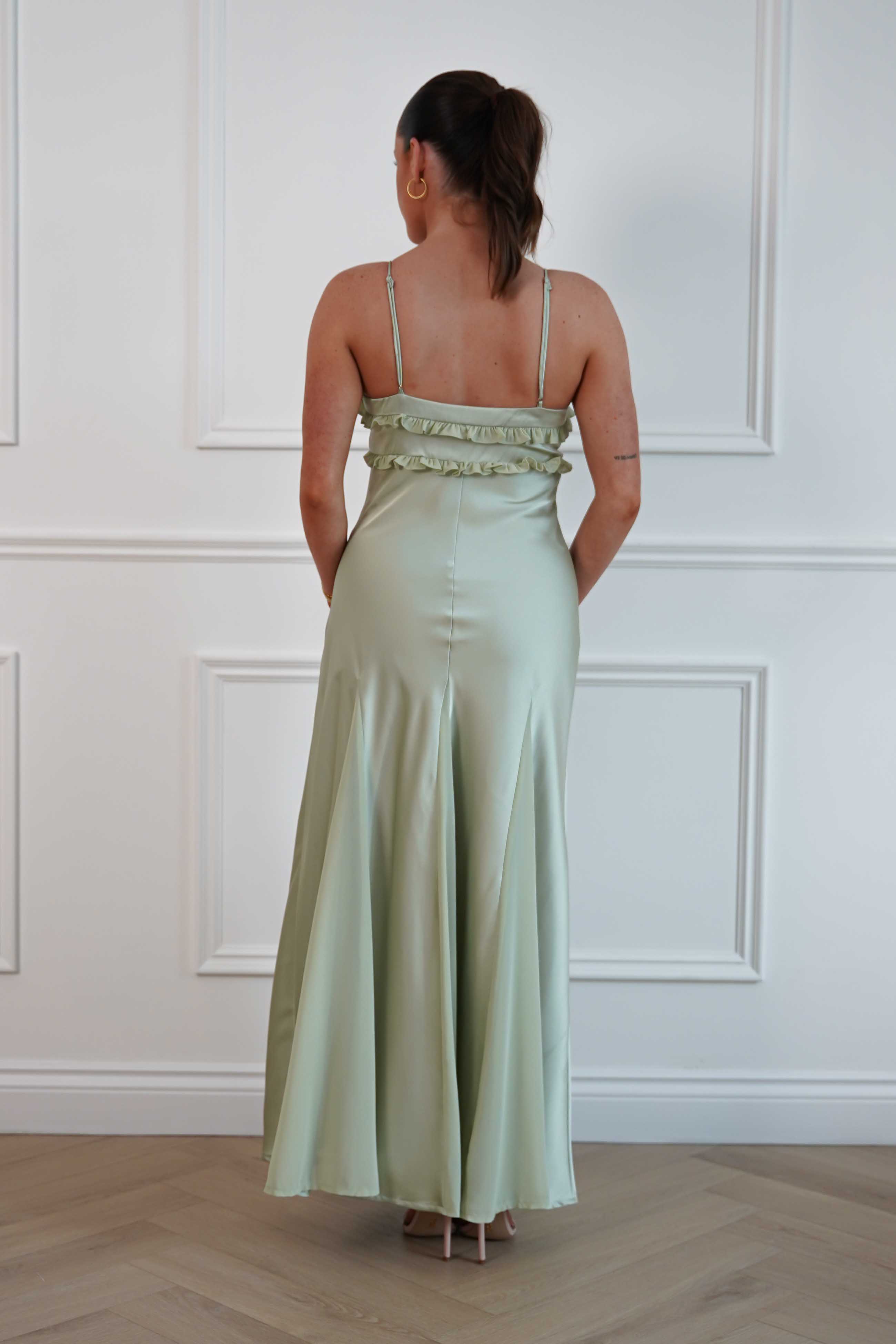 Oh Hello Clothing Women > Clothing > Dresses Remi Frill Trim Satin Maxi Dress | Sage
