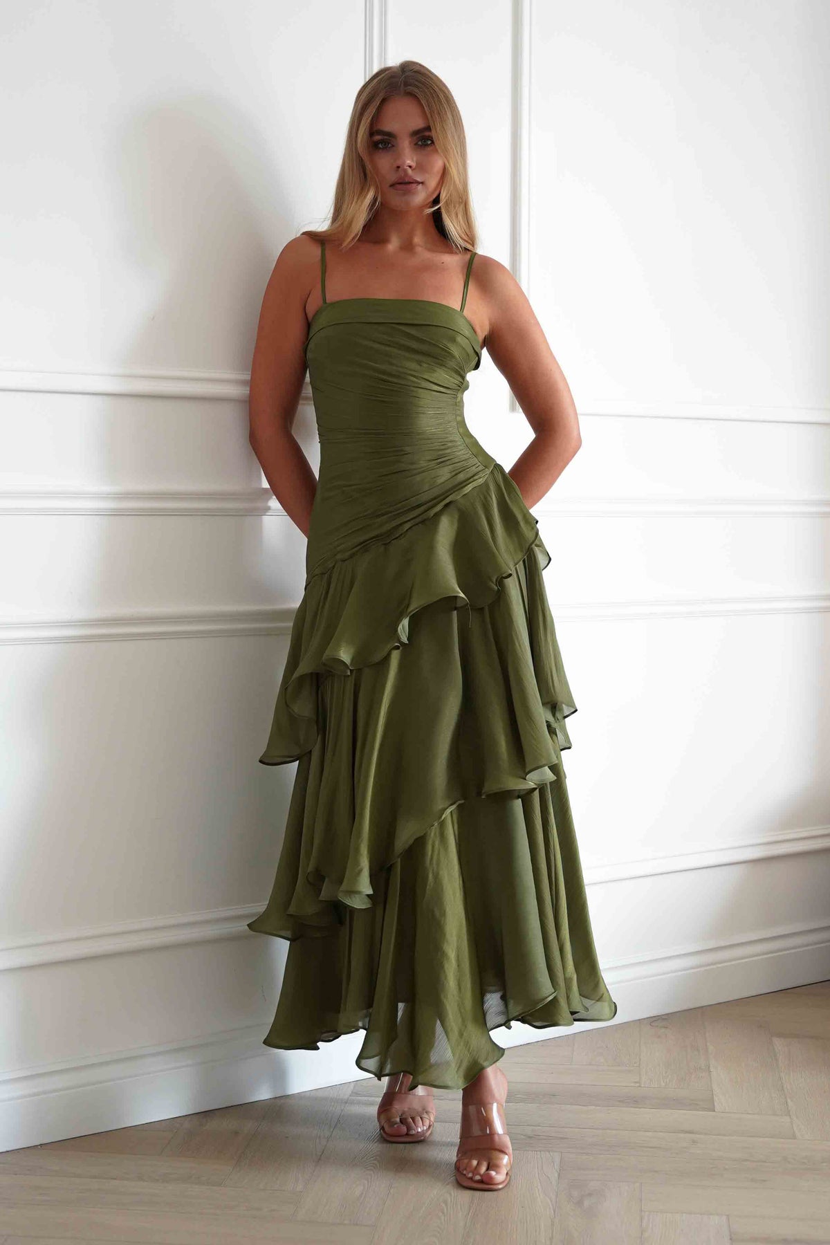 Oh Hello Clothing Women > Clothing > Dresses Renee Luminescent Ruffle Maxi Dress | Olive
