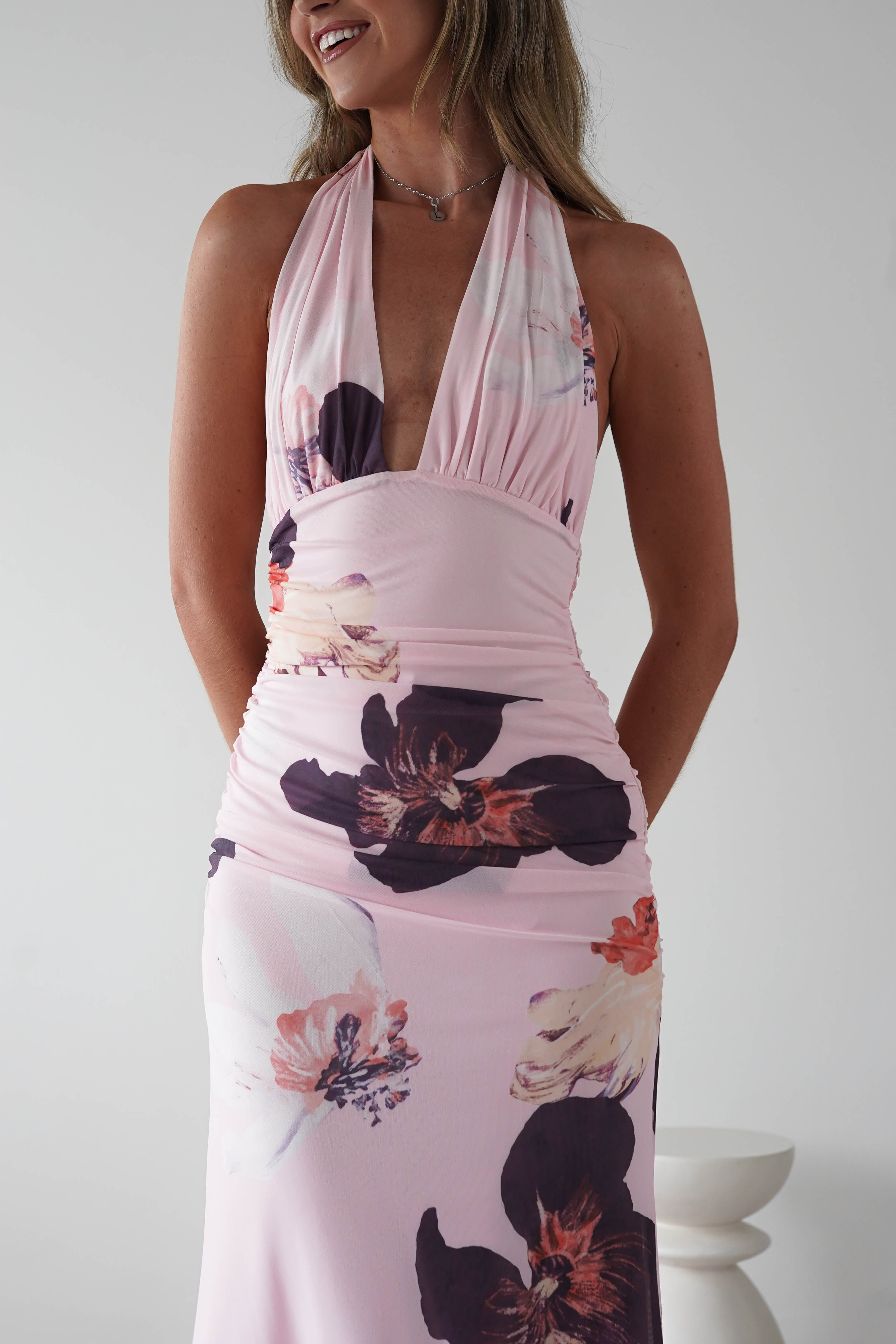 Rhoda Floral Print Mesh Maxi Dress | Light Pink | Oh Hello Clothing | XS (6)