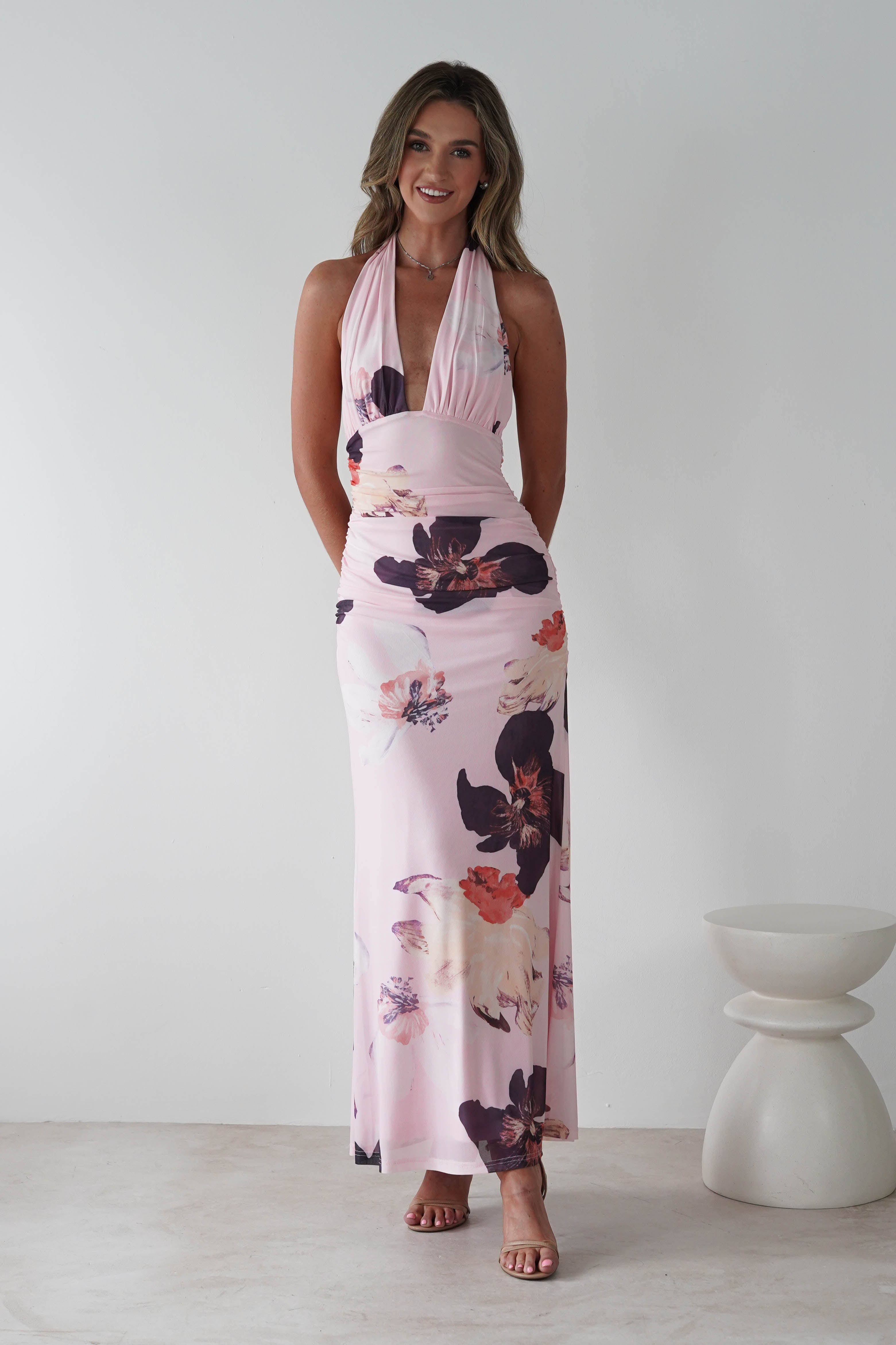 Rhoda Floral Print Mesh Maxi Dress | Light Pink | Oh Hello Clothing | XS (6)