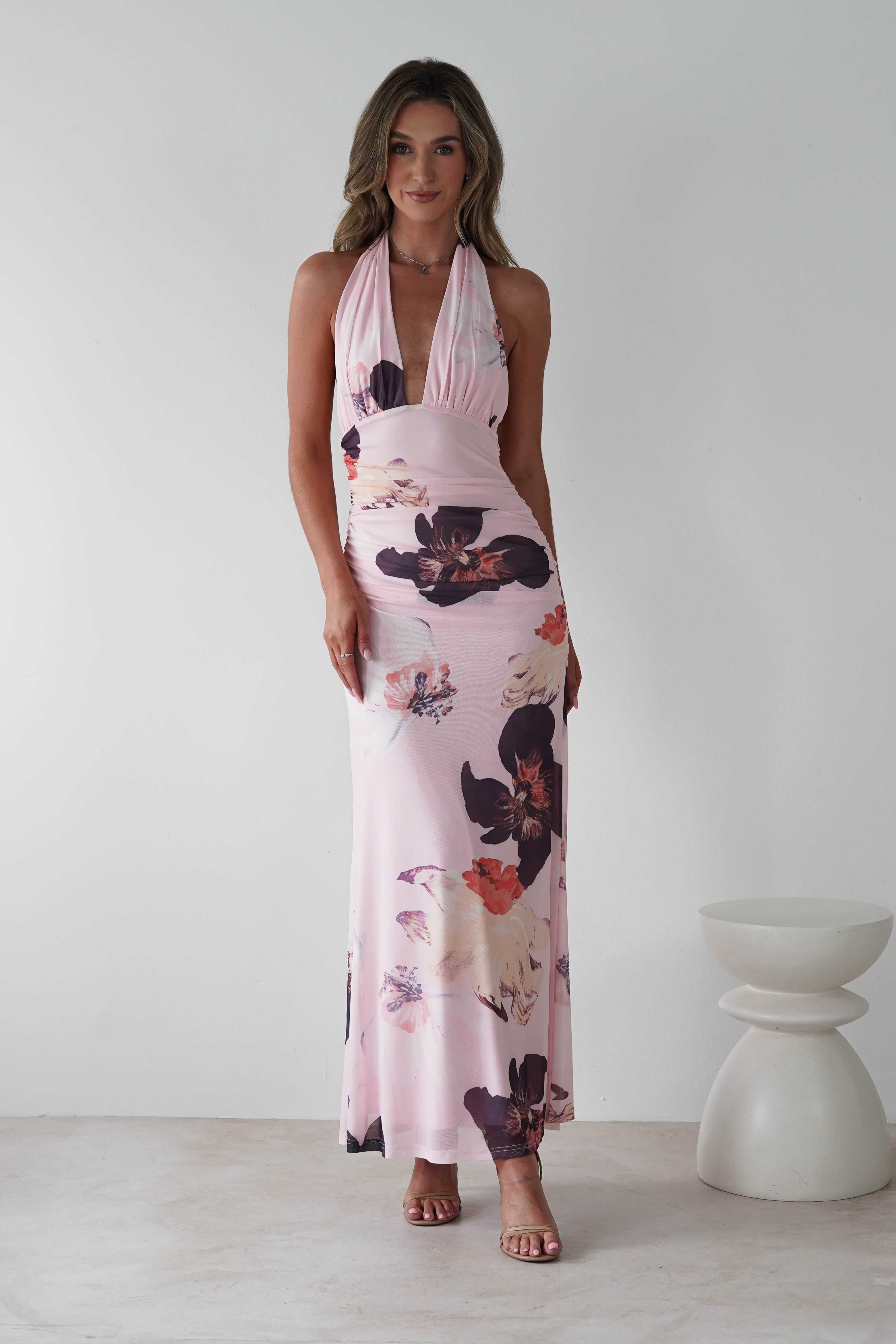 Rhoda Floral Print Mesh Maxi Dress | Light Pink | Oh Hello Clothing | XS (6)