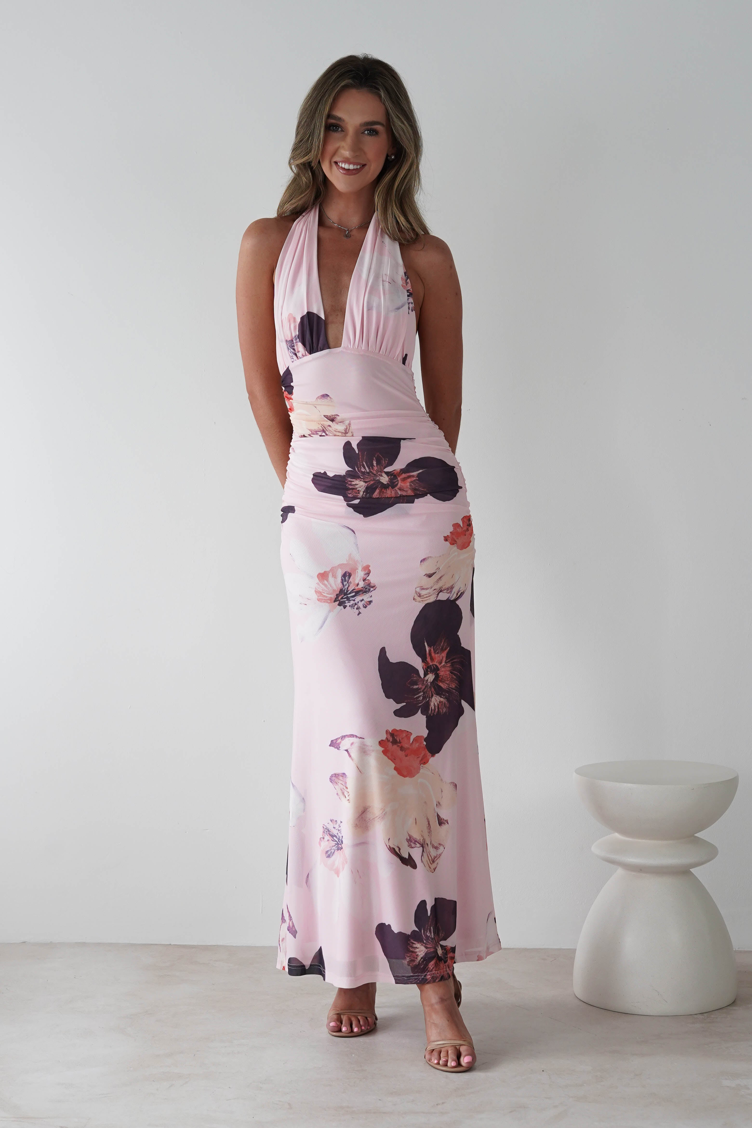 Rhoda Floral Print Mesh Maxi Dress | Light Pink | Oh Hello Clothing | XS (6)