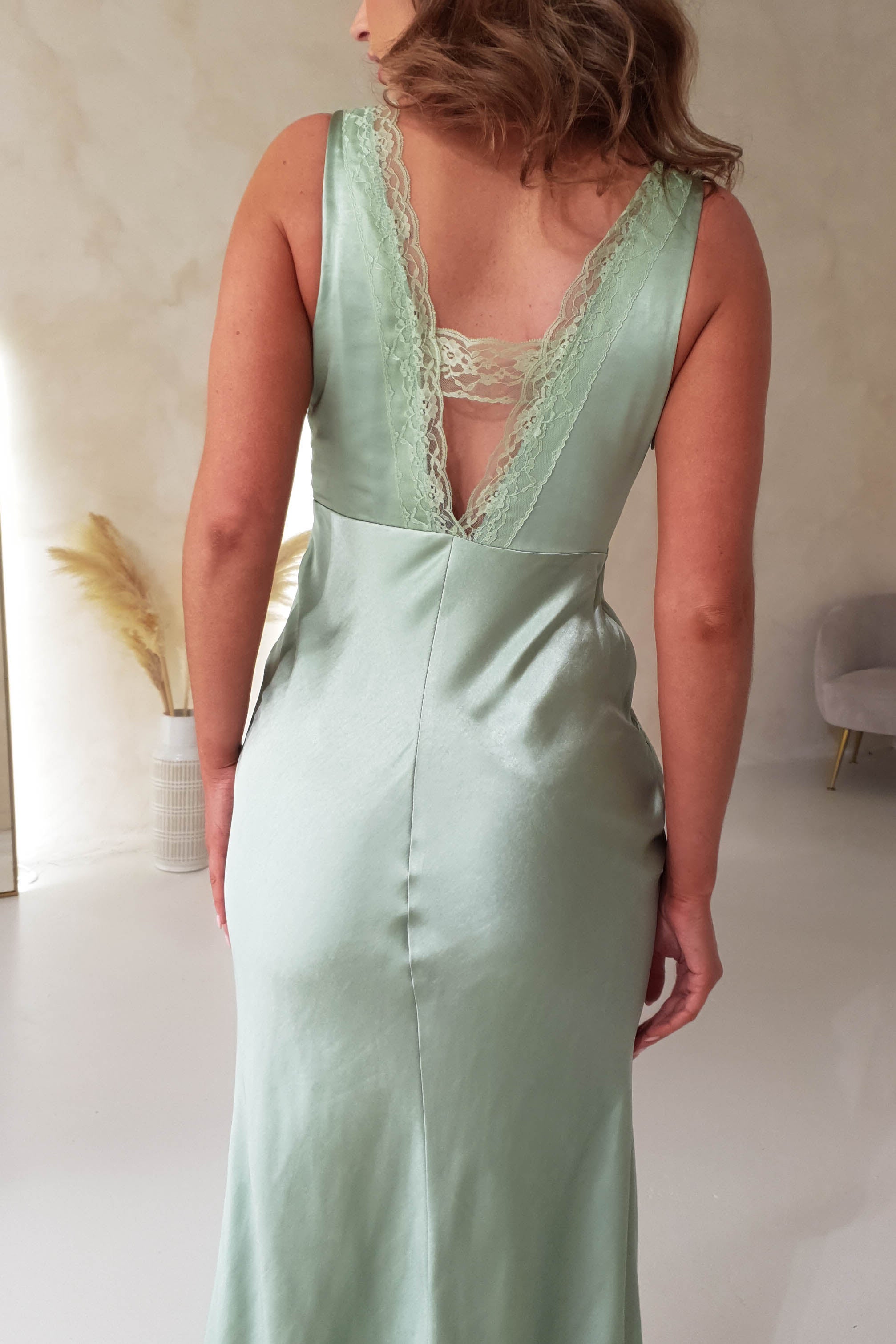 Rhylee Soft Satin Lace Detail Maxi Dress | Sage | Oh Hello Clothing | XS (6)