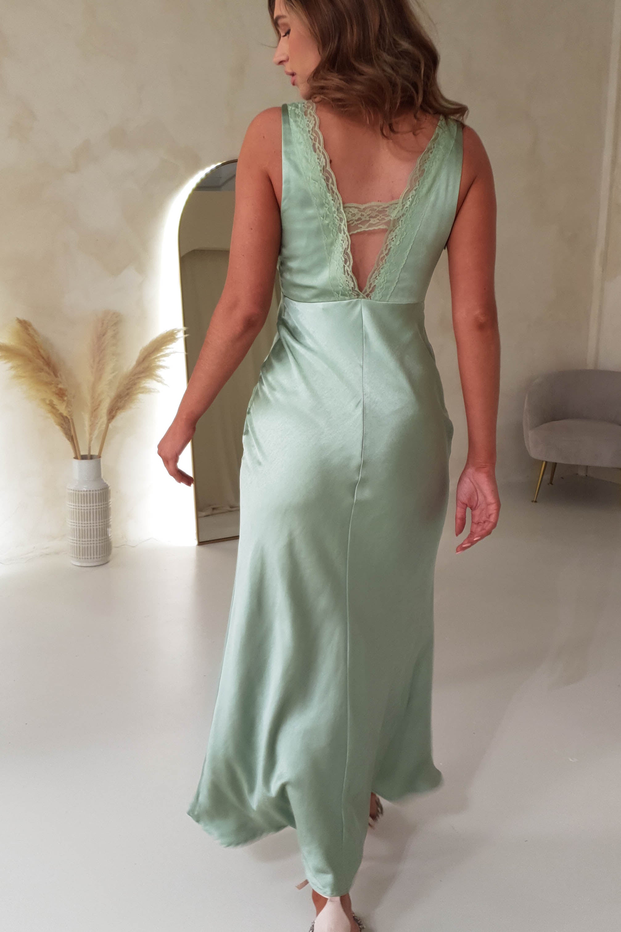 Rhylee Soft Satin Lace Detail Maxi Dress | Sage | Oh Hello Clothing | XS (6)