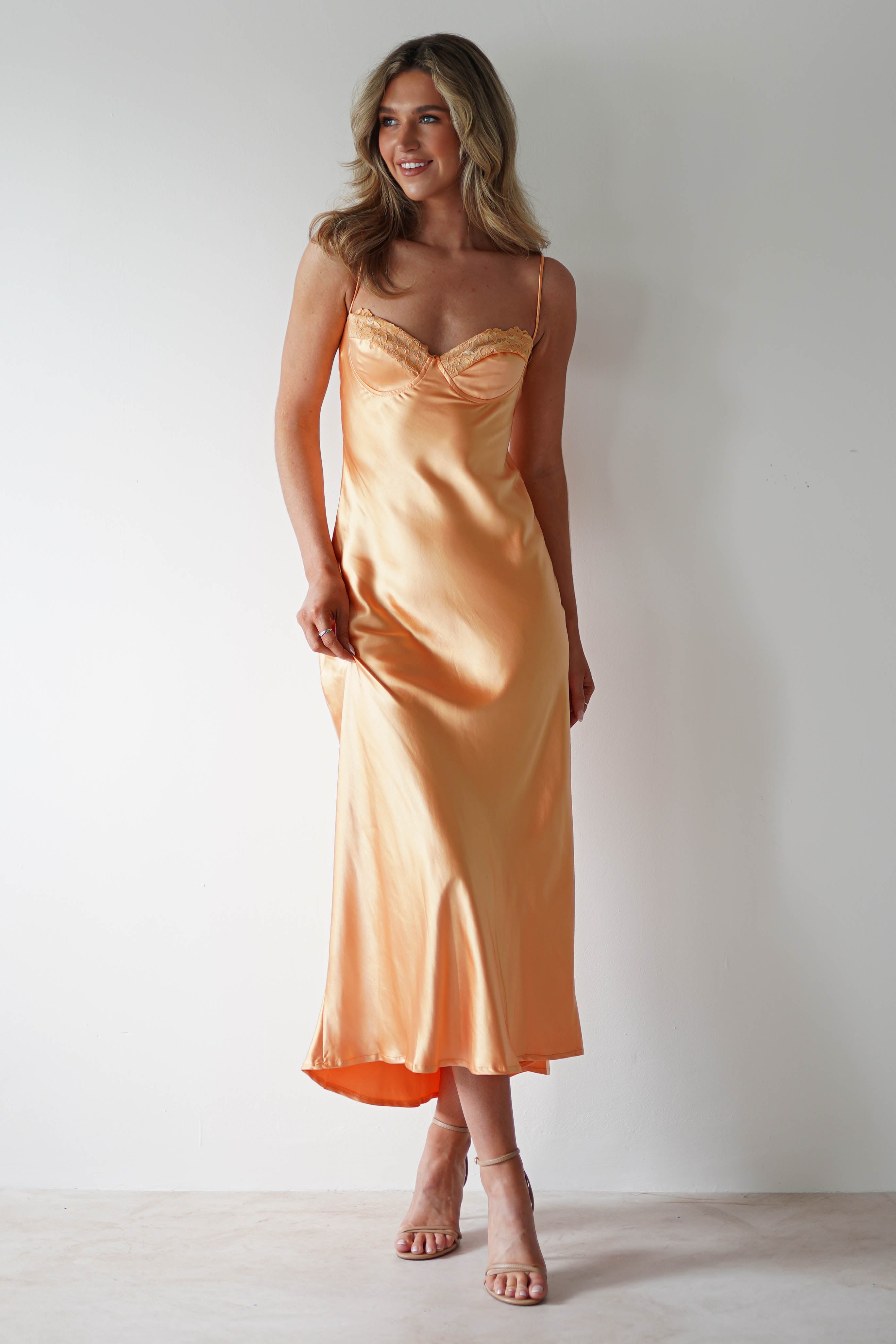 Ricci Soft Satin Maxi Dress | Melon | Oh Hello Clothing | XS (6)