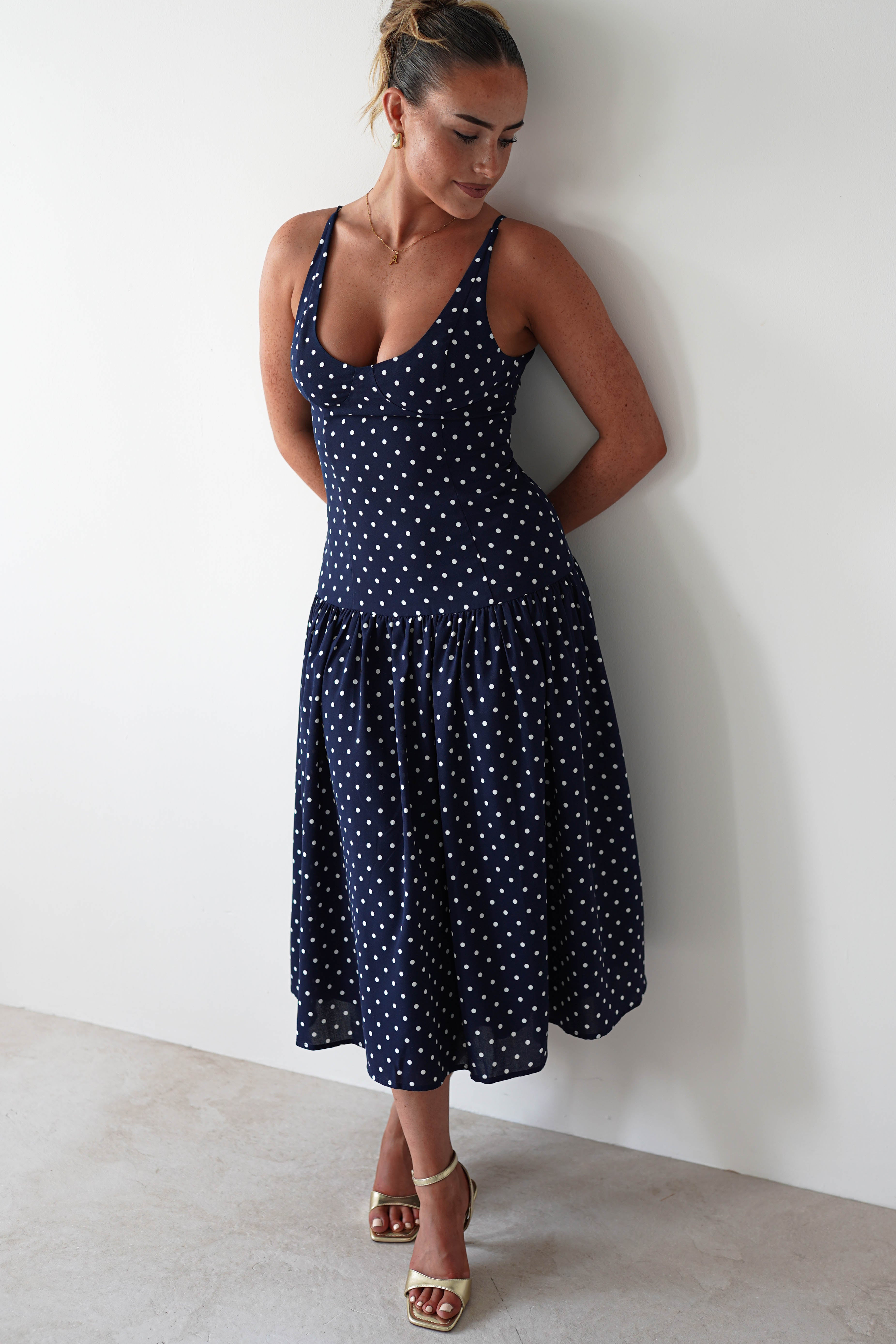 Ritz Polka Dot Drop - hem Midi Dress | Navy | Oh Hello Clothing | S (8)