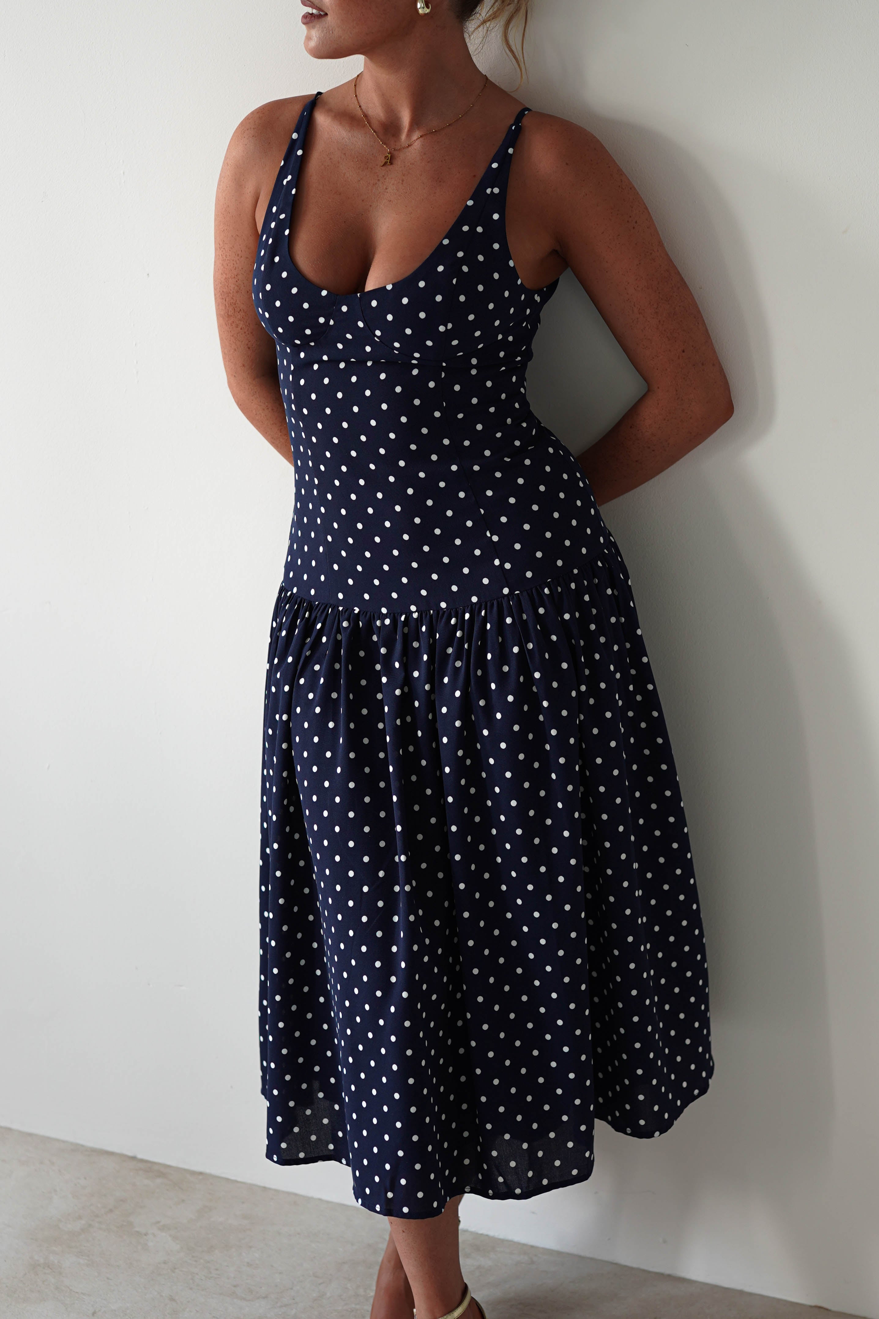 Ritz Polka Dot Drop - hem Midi Dress | Navy | Oh Hello Clothing | S (8)