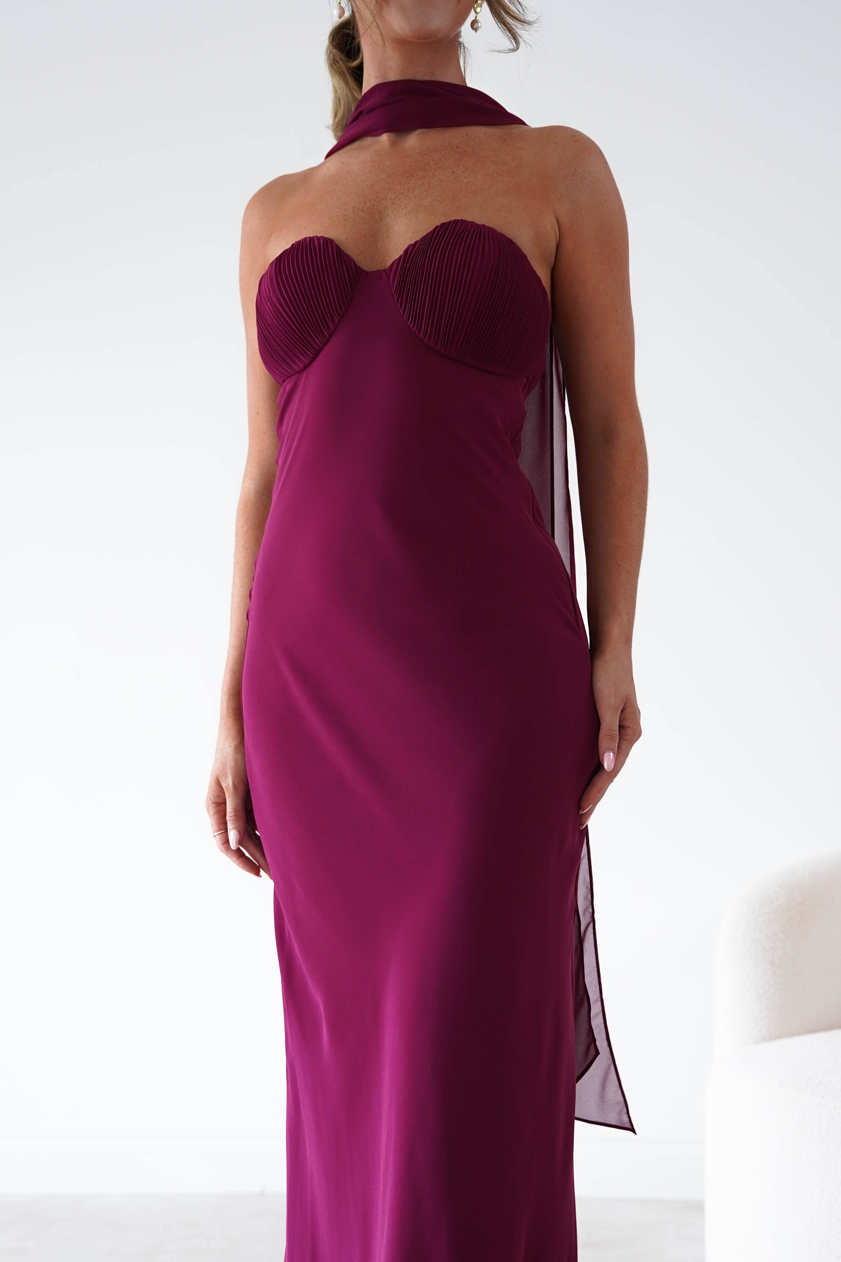 Oh Hello Clothing Women > Clothing > Dresses Robyn Strapless Chiffon Scarf Maxi Dress | Berry