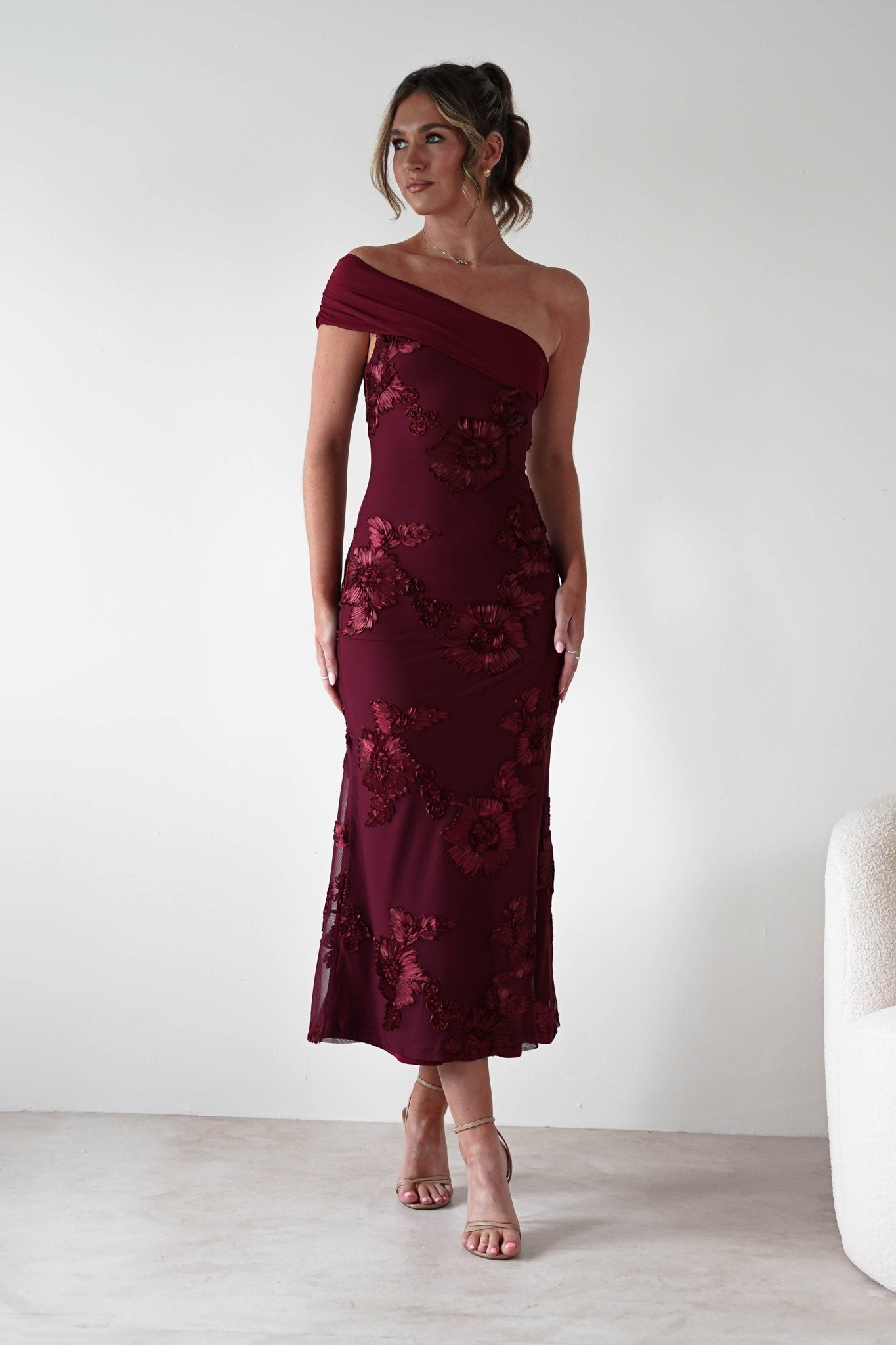 Rochelle Off The Shoulder Midi Dress | Wine | Oh Hello Clothing | XS (6)