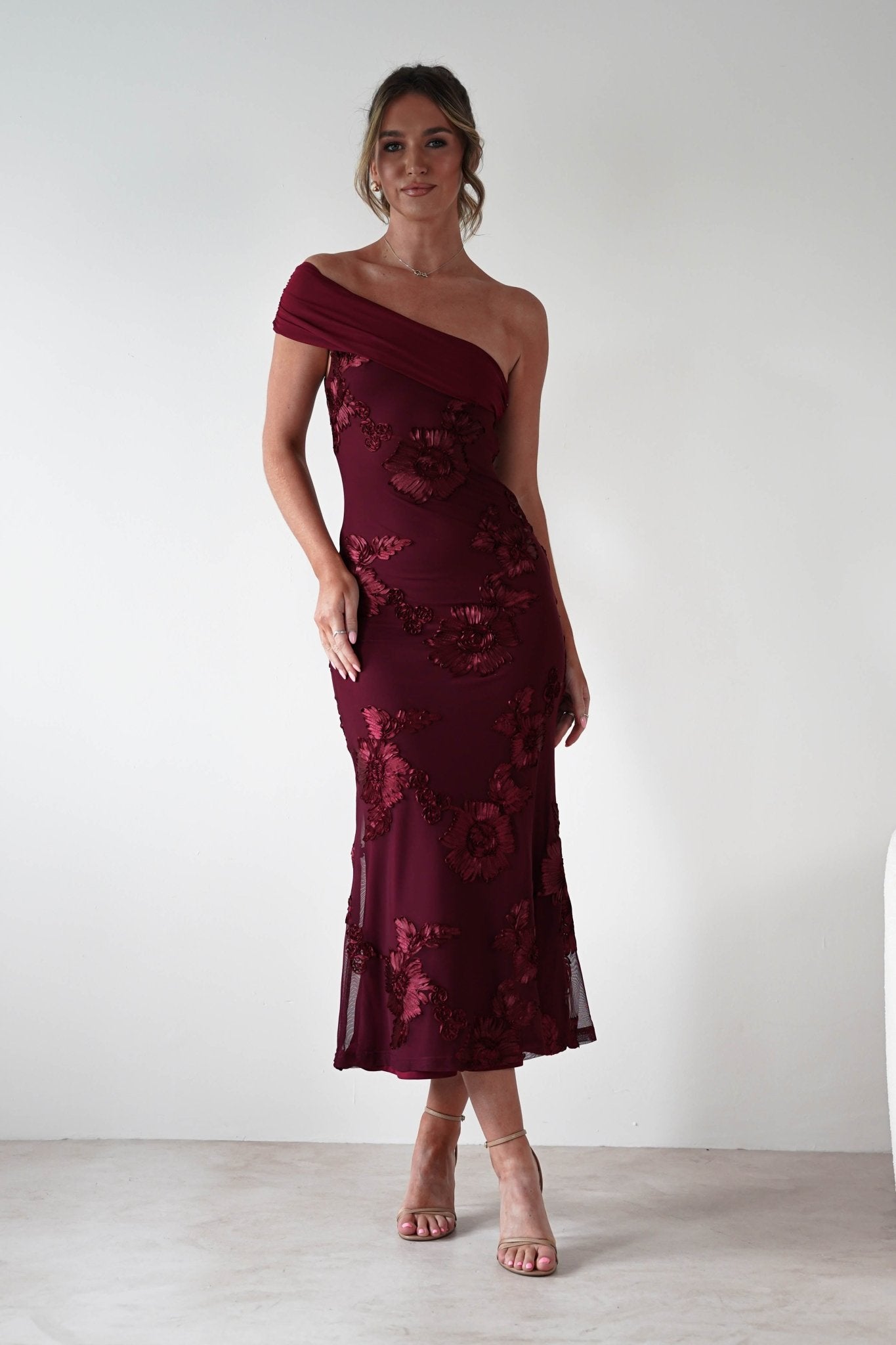 Rochelle Off The Shoulder Midi Dress | Wine | Oh Hello Clothing | XS (6)
