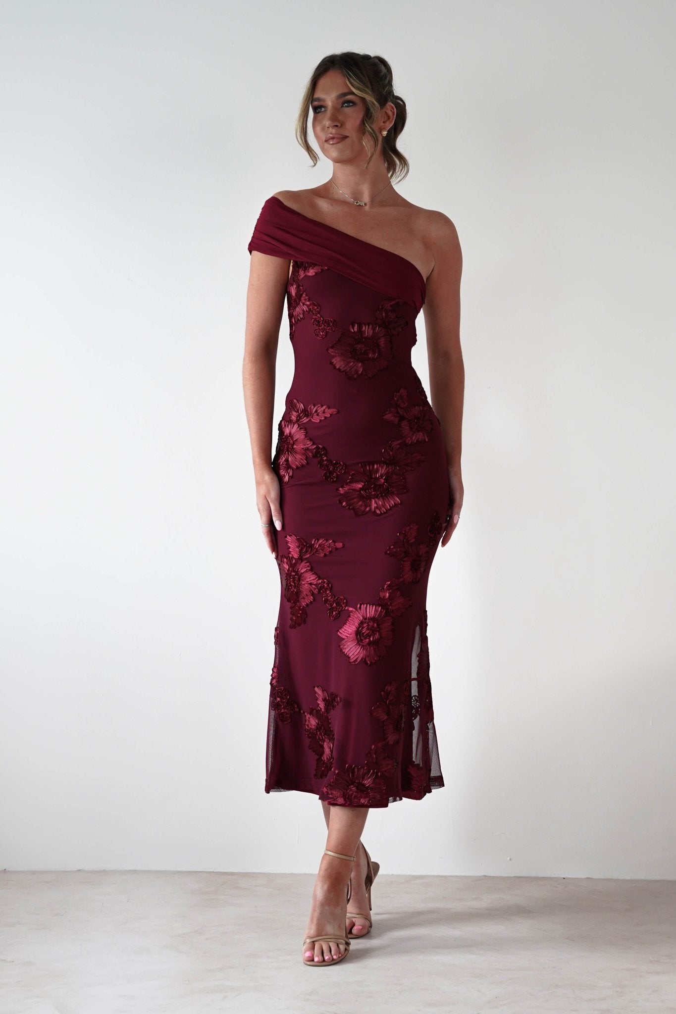 Rochelle Off The Shoulder Midi Dress | Wine | Oh Hello Clothing | XS (6)
