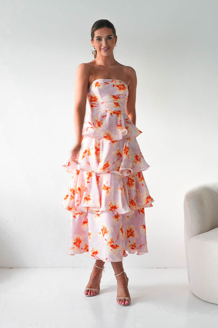 Oh Hello Clothing Women > Clothing > Dresses Rosha Floral Tiered Strapless Maxi Dress | Peach