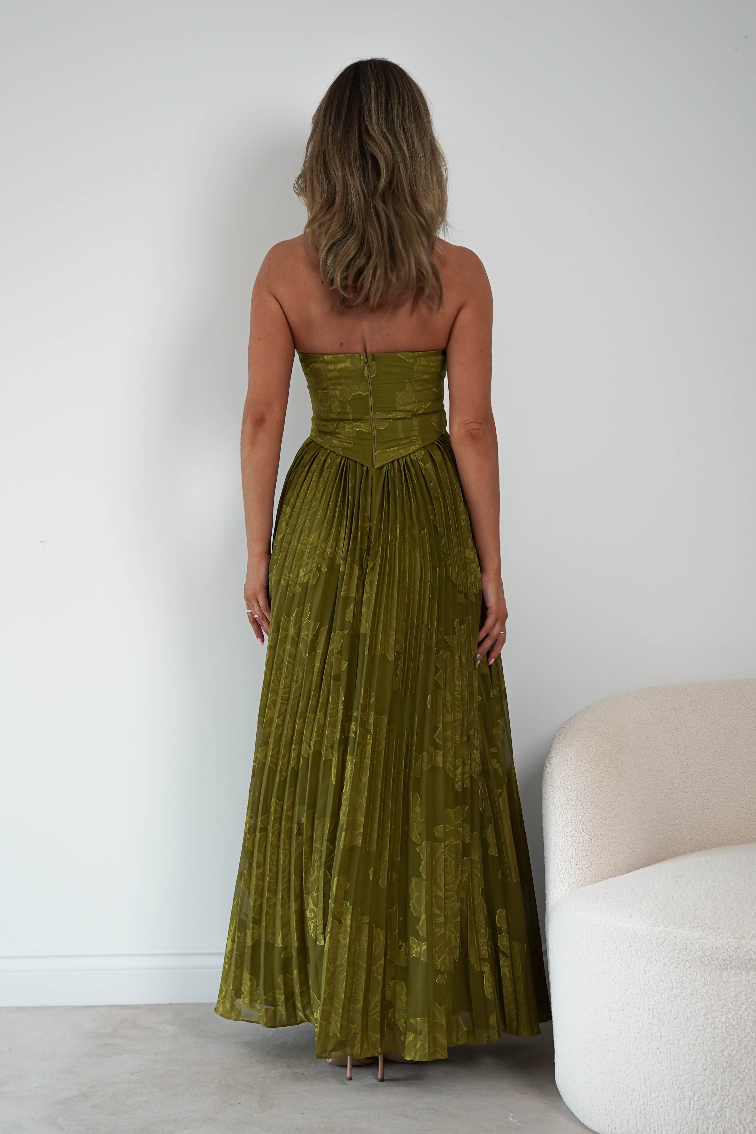 Oh Hello Clothing Women > Clothing > Dresses Rubi Floral Textured Ruffle Pleated Maxi Dress | Green
