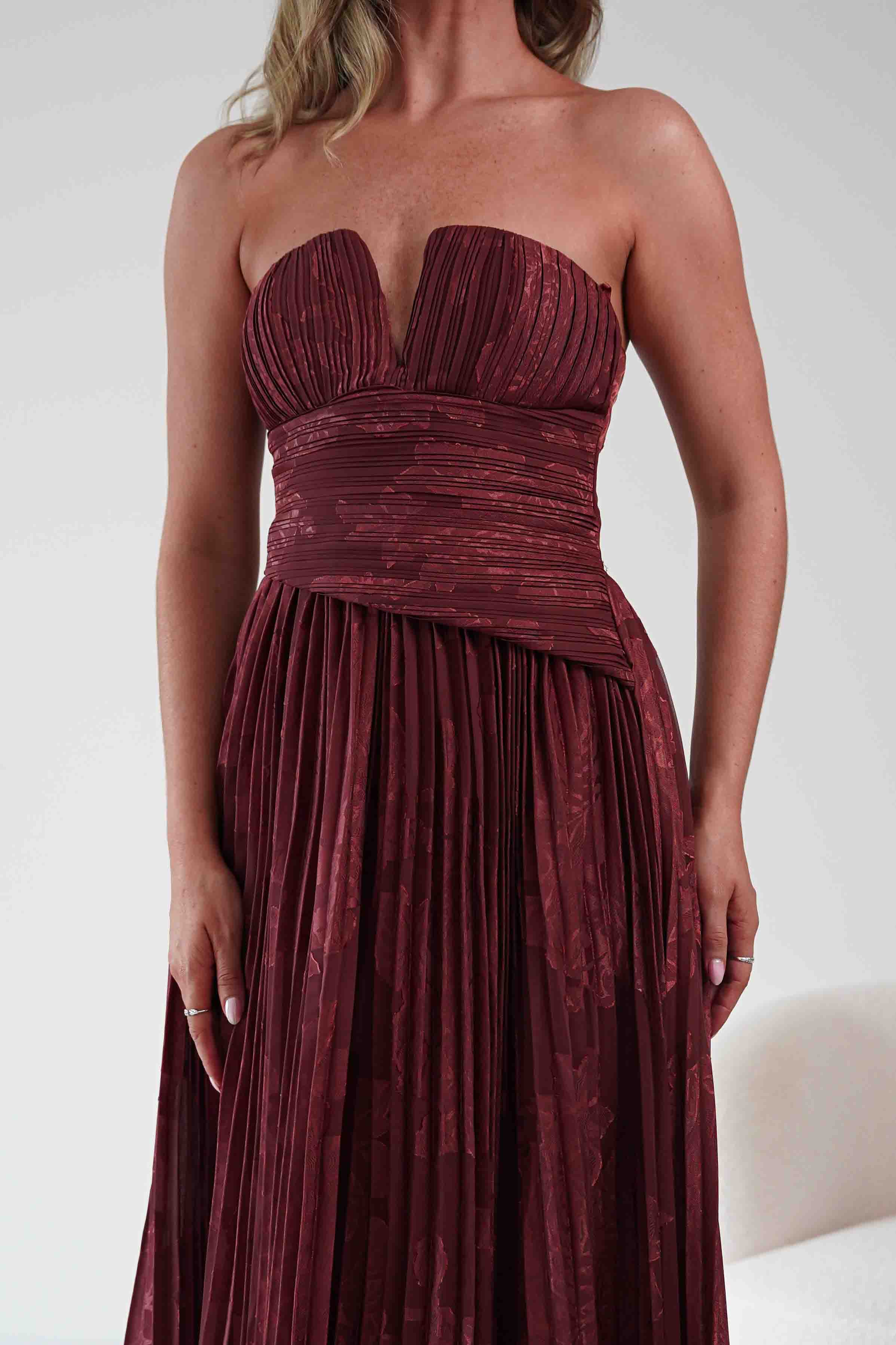 Oh Hello Clothing Women > Clothing > Dresses Rubi Floral Textured Ruffle Pleated Maxi Dress | Wine