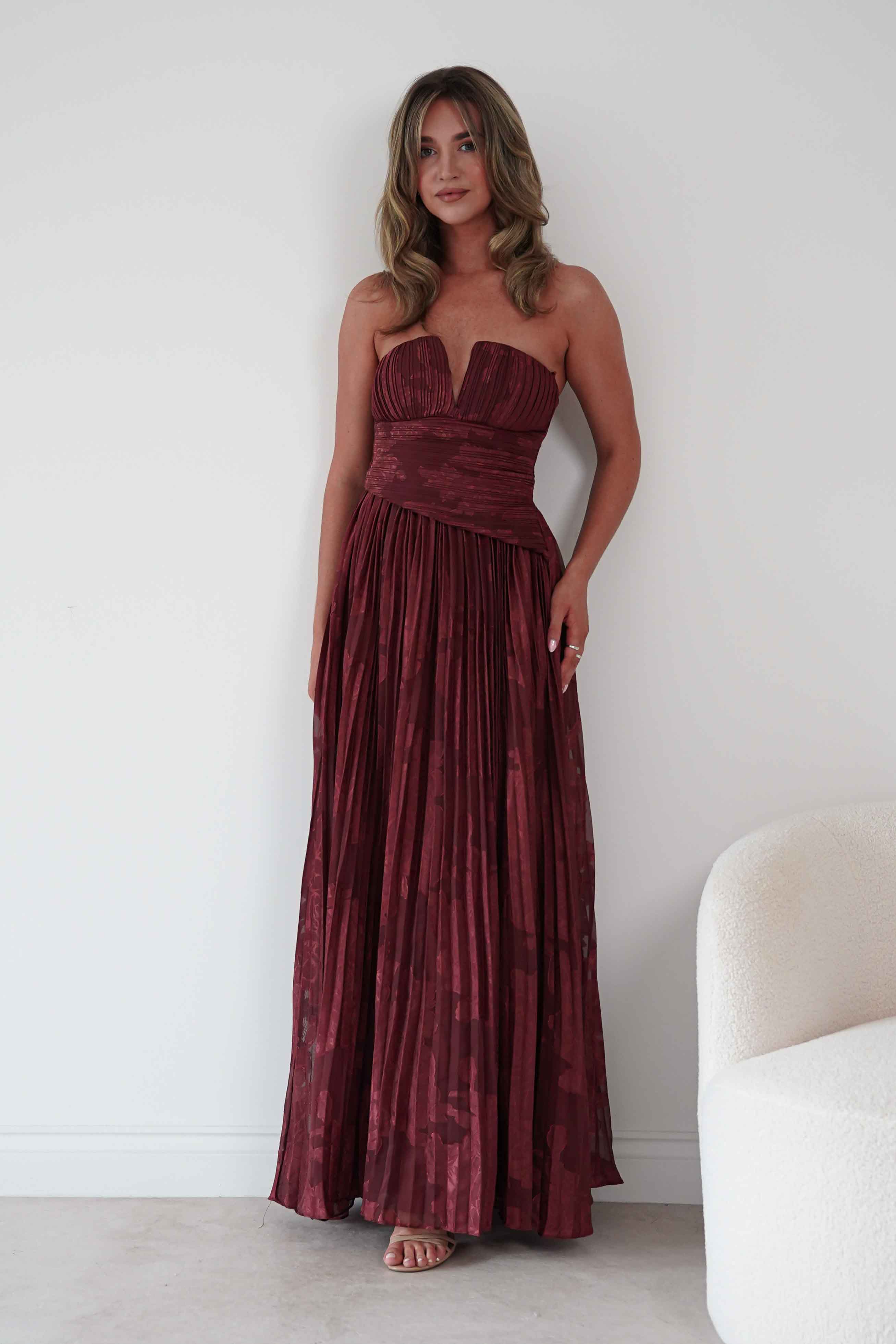 Oh Hello Clothing Women > Clothing > Dresses Rubi Floral Textured Ruffle Pleated Maxi Dress | Wine