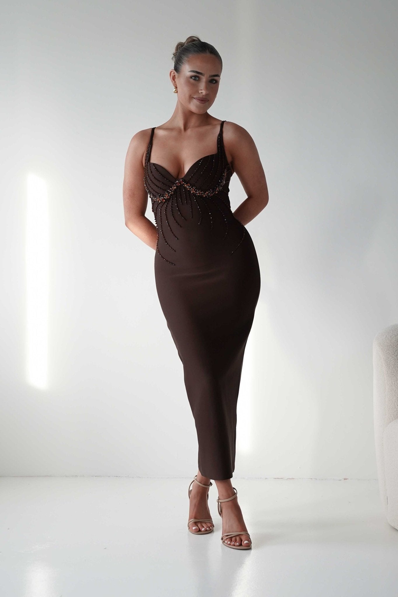 Oh Hello Clothing Dresses 1*DONE - F&P - 616015- brown midi dress featuring intricate bead