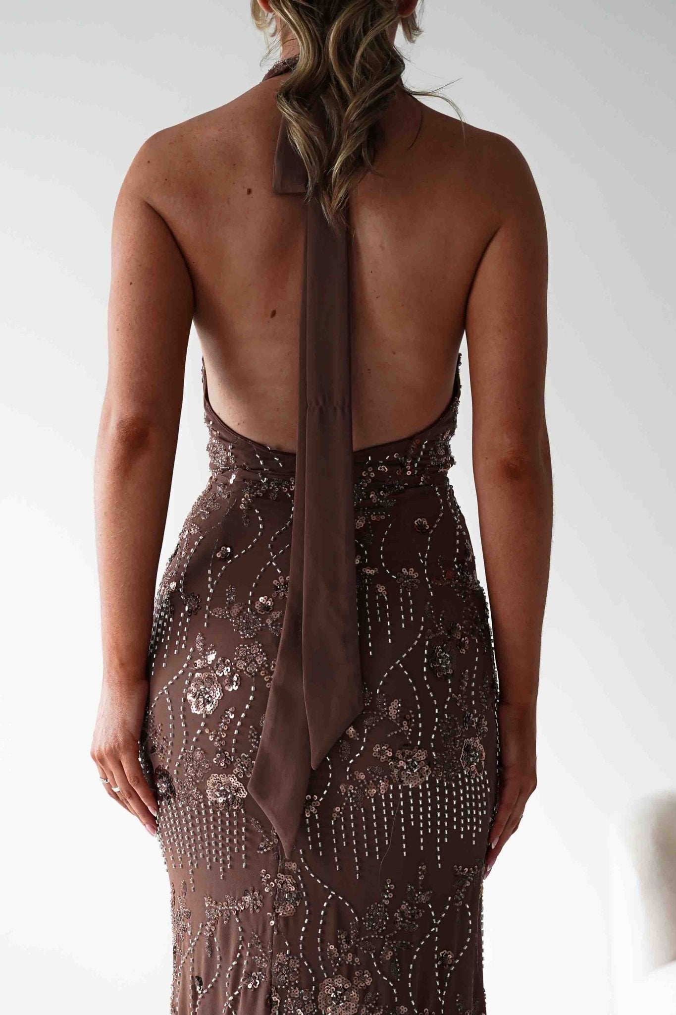 Sabrina Beaded Halterneck Maxi Dress | Brown | Oh Hello Clothing | XS (6)