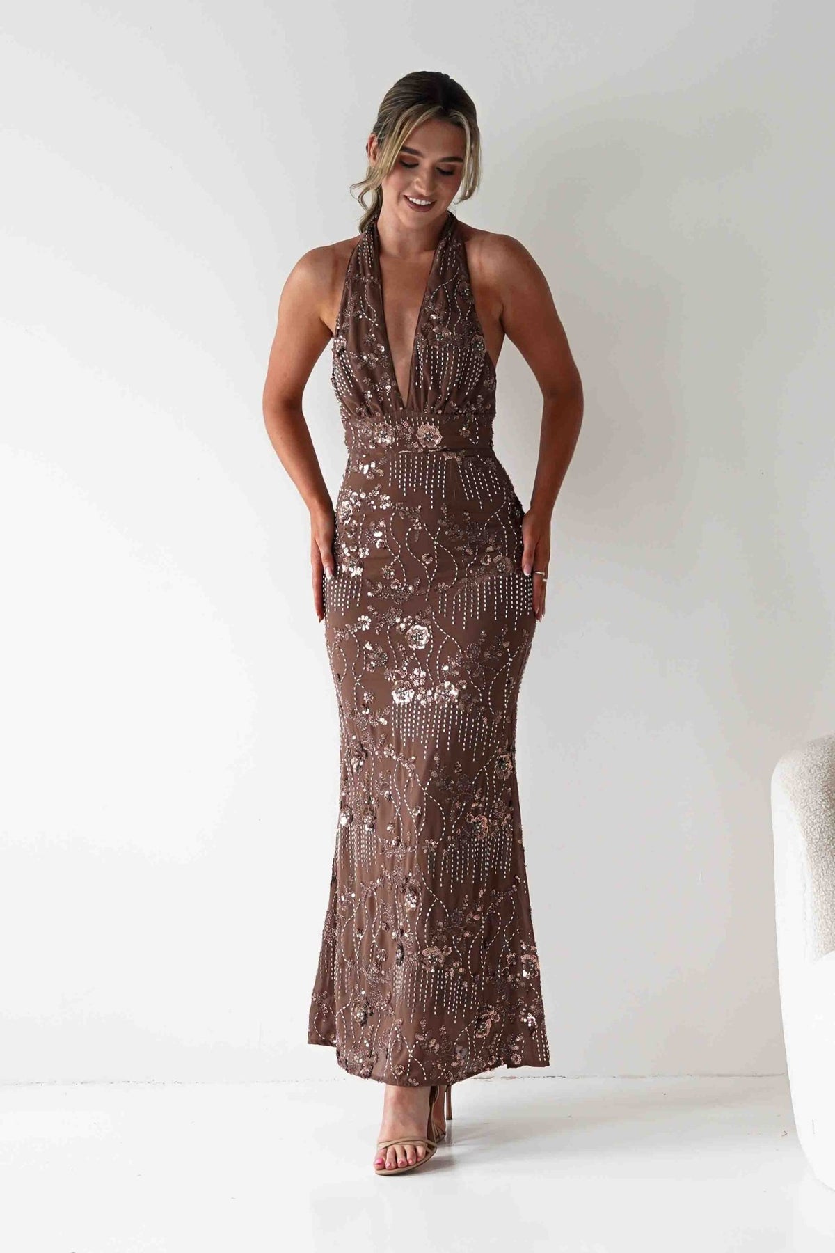 brown halter wedding guest dress Sabrina Beaded Halterneck Maxi Color:Sandstone retro 1960s Cozy Winter Emerald Green Hidden back zip