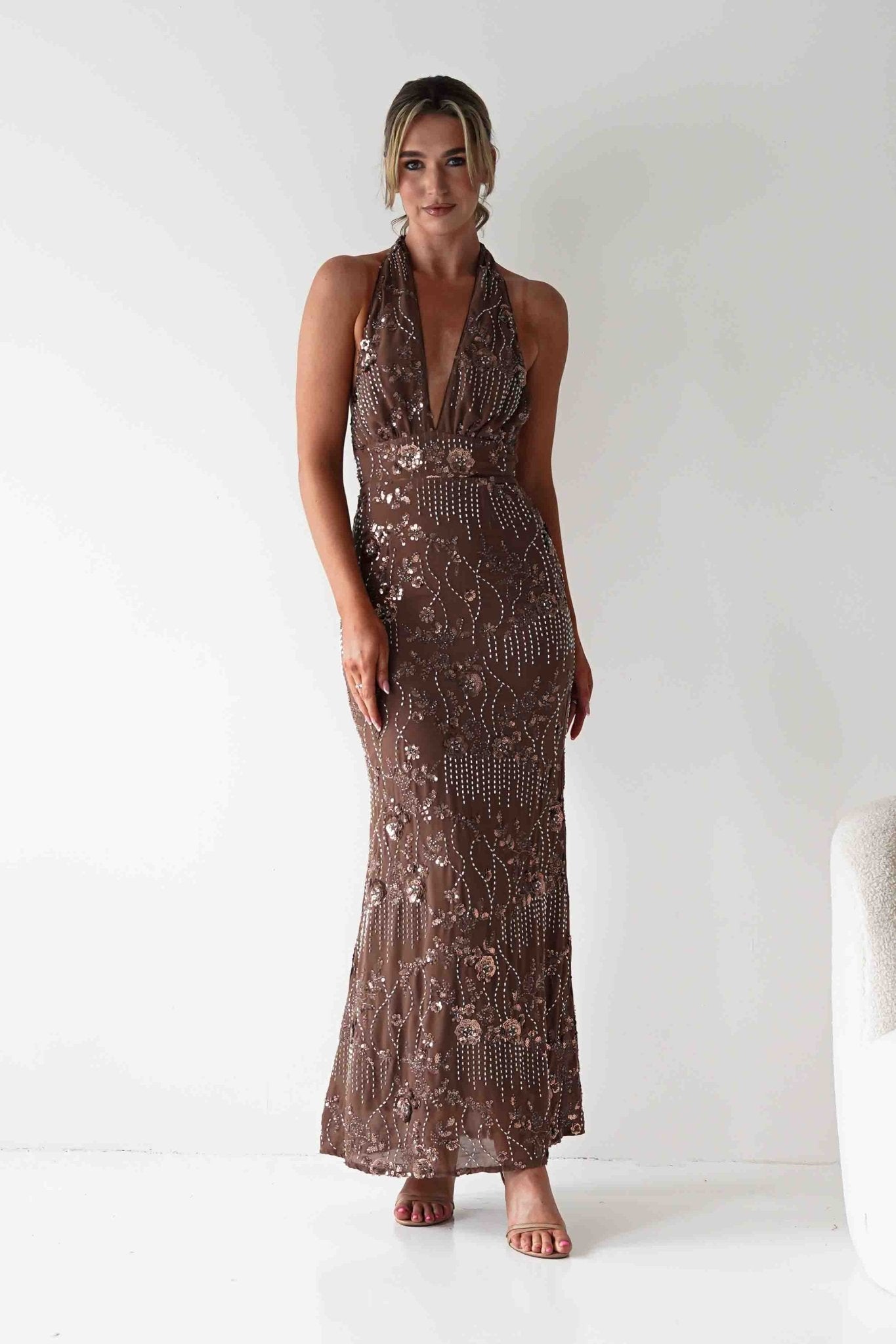 Sabrina Beaded Halterneck Maxi Dress | Brown | Oh Hello Clothing | XS (6)