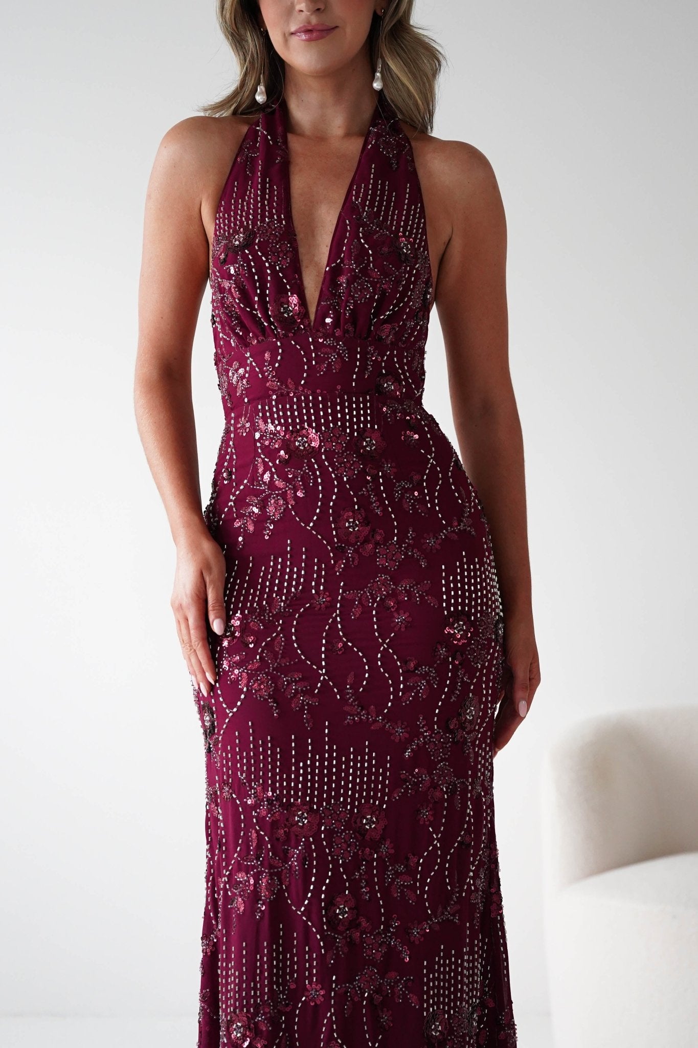 Oh Hello Clothing Dresses Sabrina Beaded Halterneck Maxi Dress | Wine