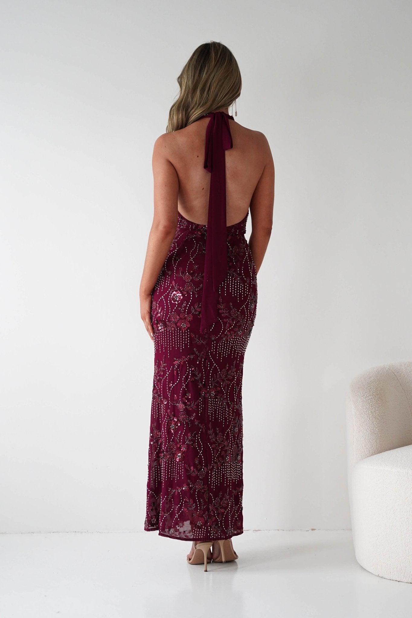 Oh Hello Clothing Dresses Sabrina Beaded Halterneck Maxi Dress | Wine