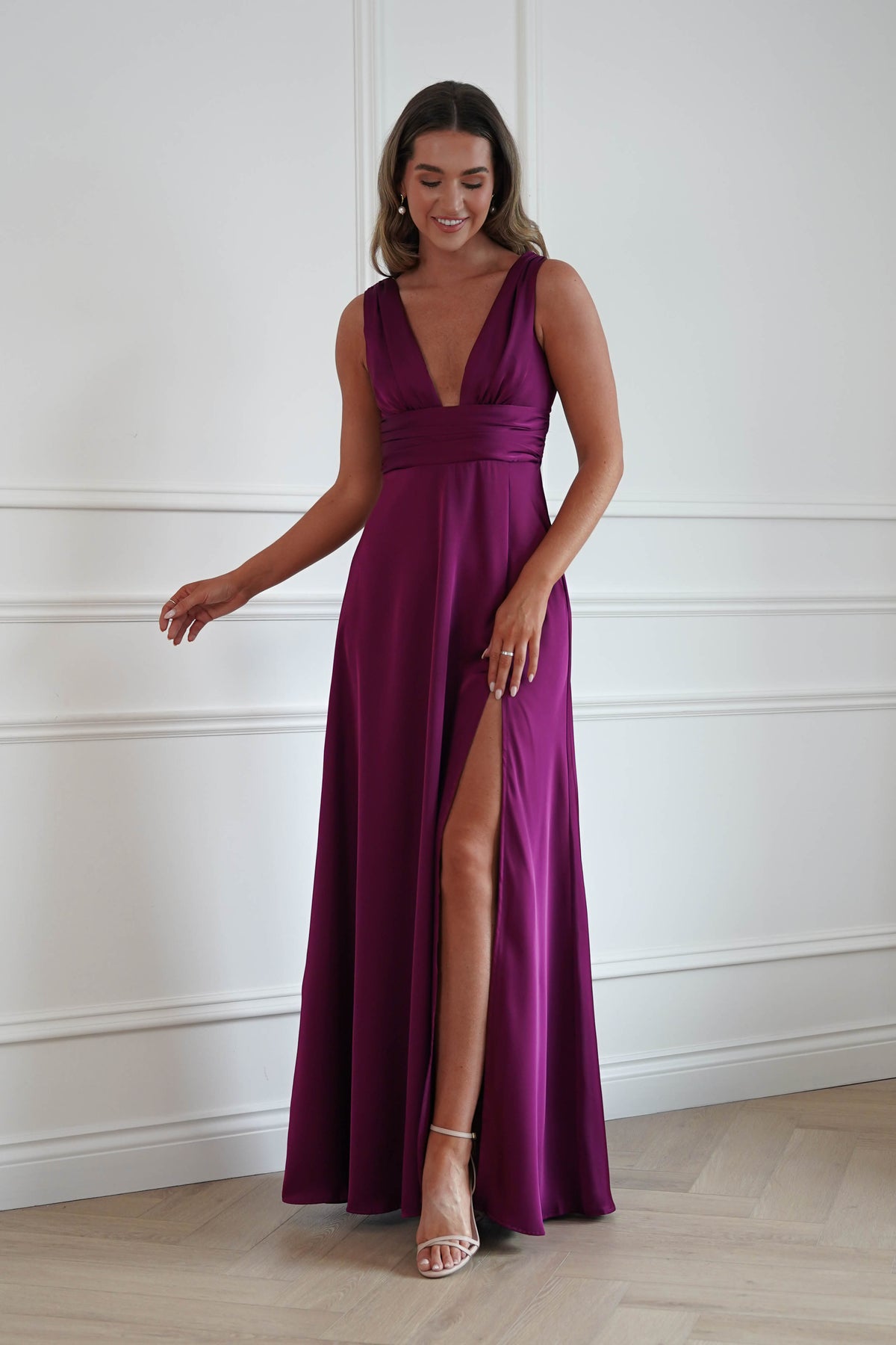 Oh Hello Clothing Women > Clothing > Dresses Saffron V-Neck Soft Satin Maxi Dress | Plum