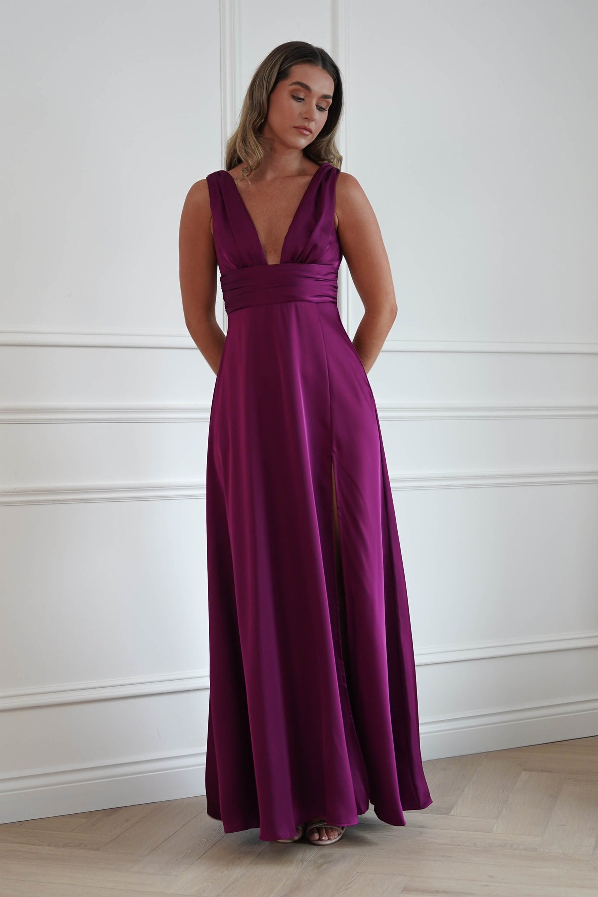 Oh Hello Clothing Women > Clothing > Dresses Saffron V-Neck Soft Satin Maxi Dress | Plum