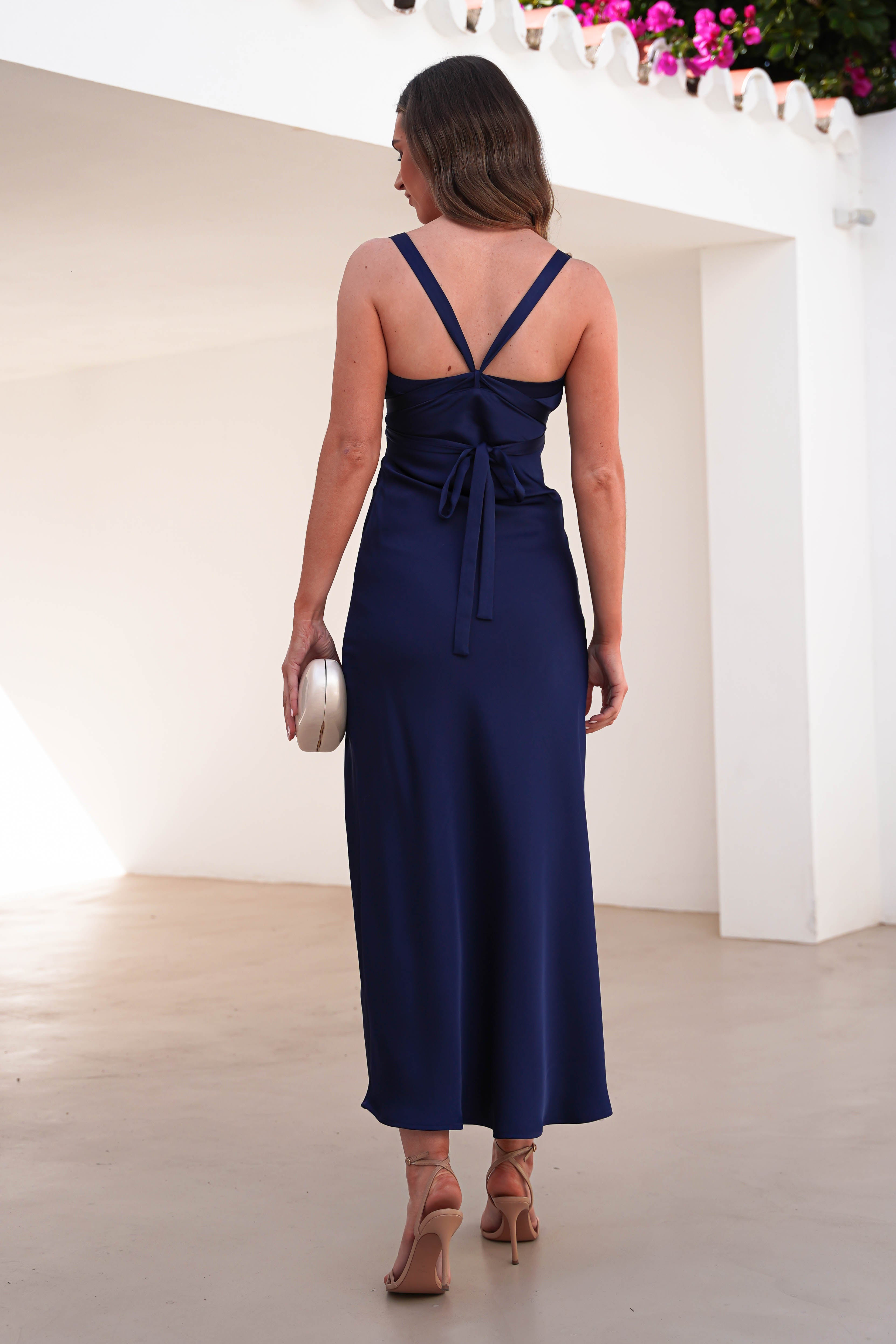 Salma Soft Matte Satin Midaxi Dress | Navy - Oh Hello Clothing