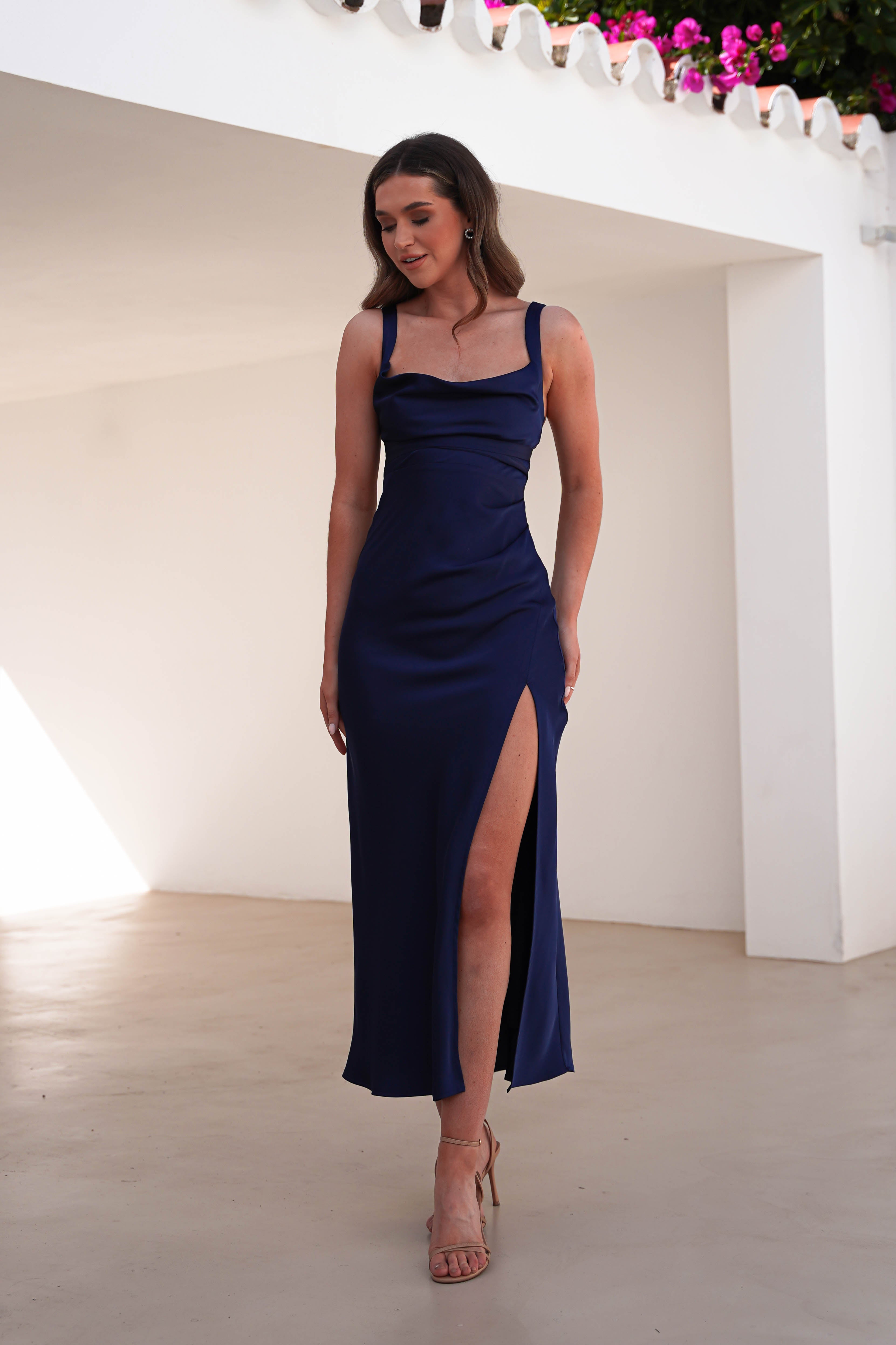 Salma Soft Matte Satin Midaxi Dress | Navy - Oh Hello Clothing