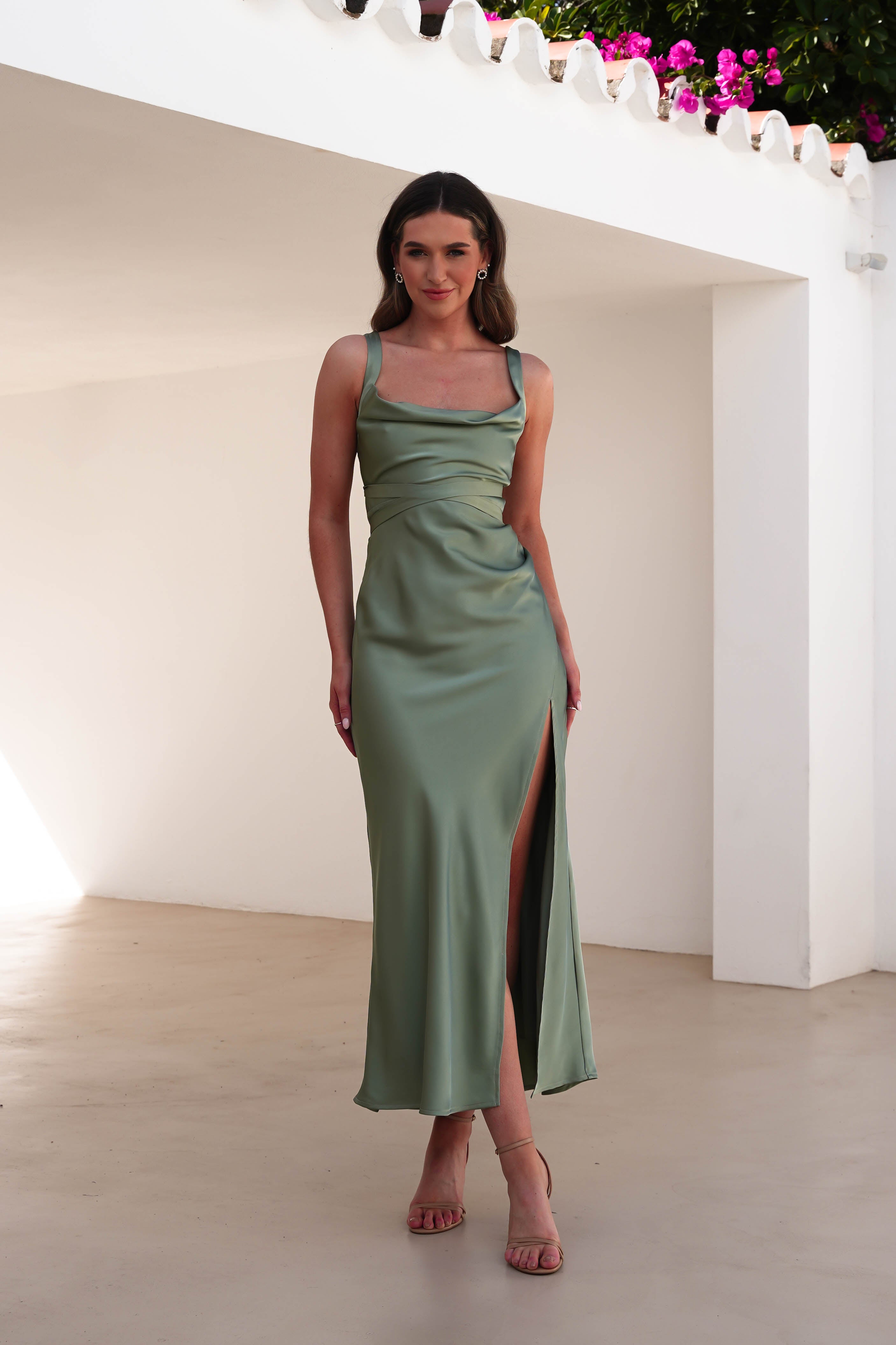 Salma Soft Matte Satin Midaxi Dress | Olive - Oh Hello Clothing