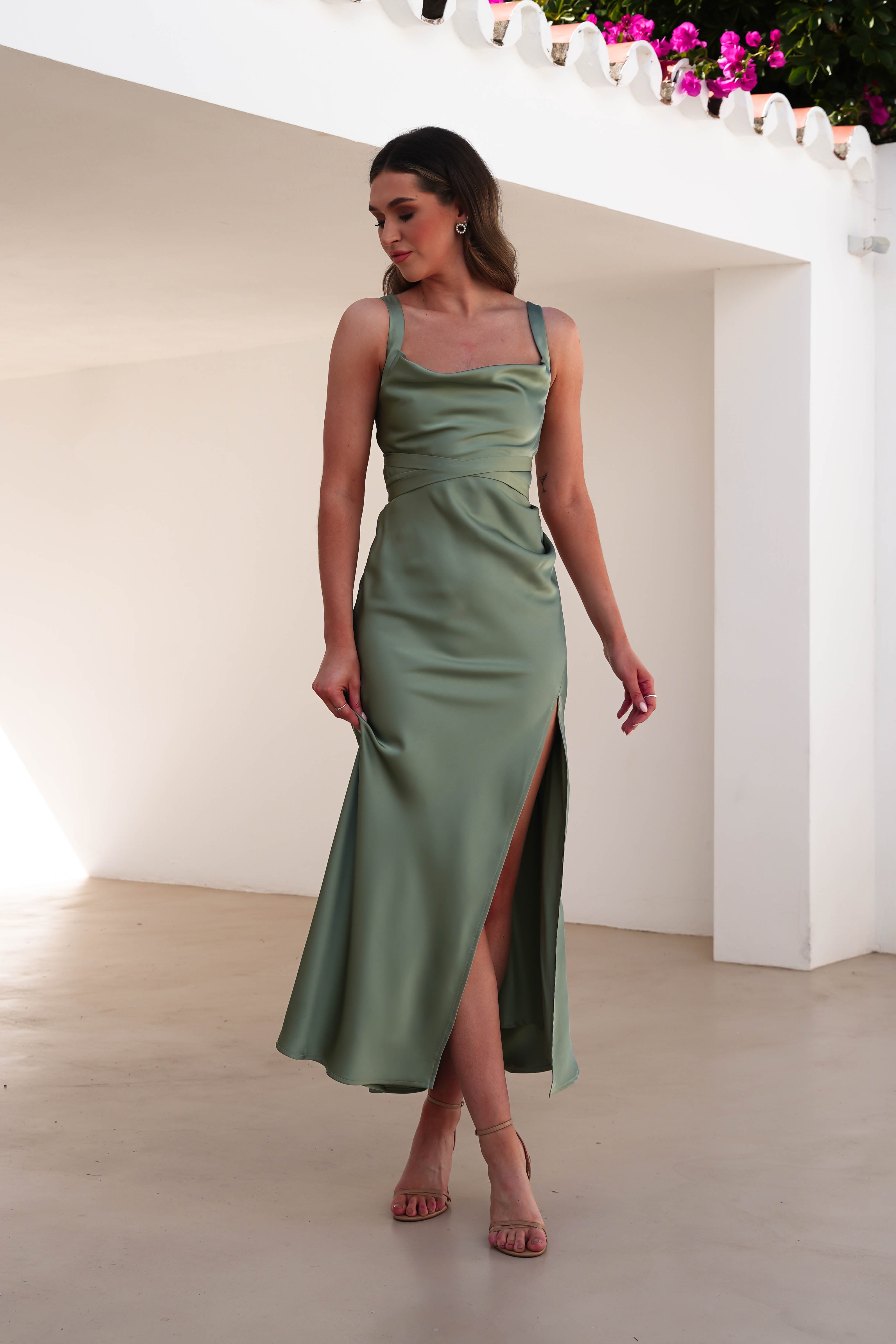 Salma Soft Matte Satin Midaxi Dress | Olive - Oh Hello Clothing