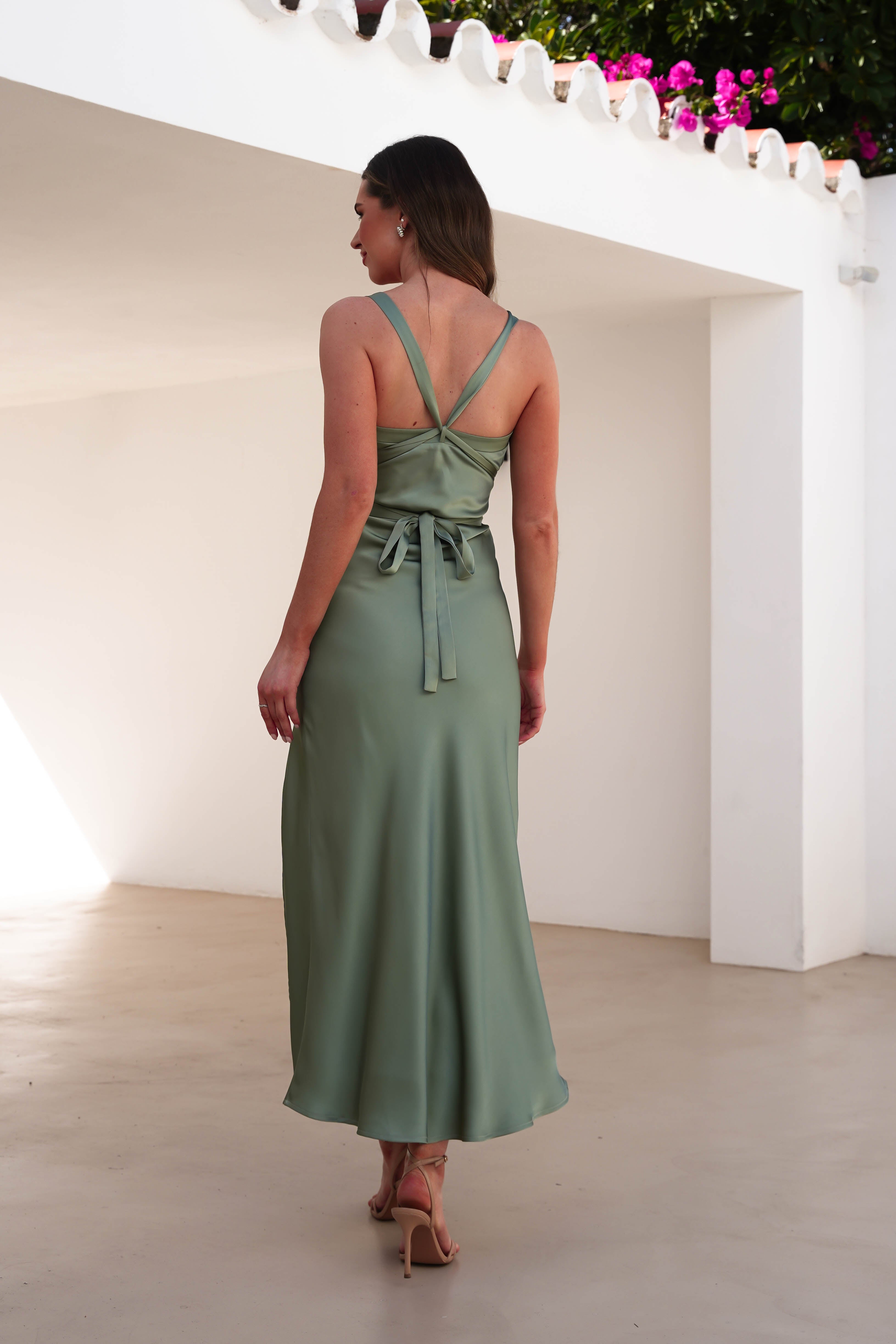 Salma Soft Matte Satin Midaxi Dress | Olive - Oh Hello Clothing