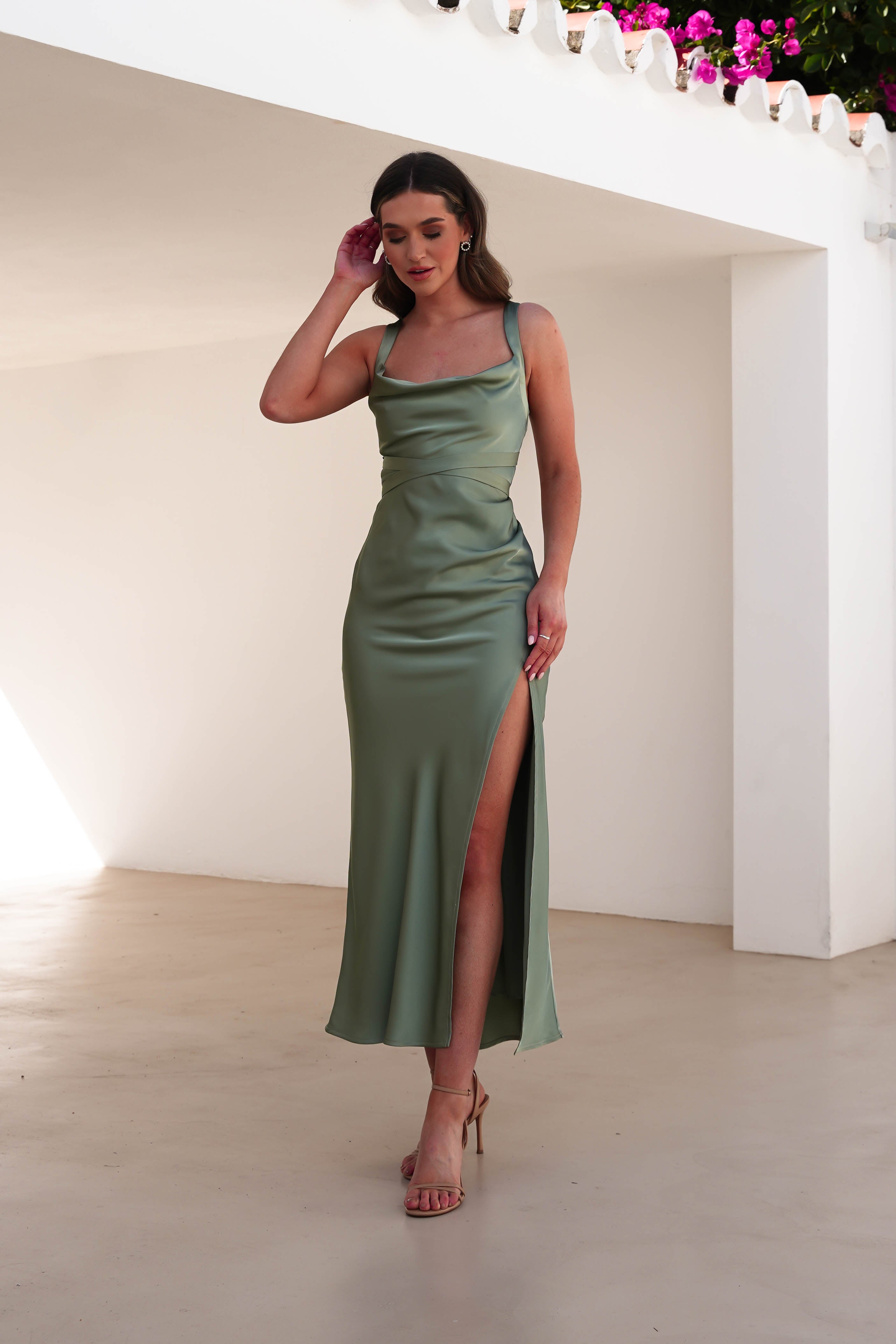 Salma Soft Matte Satin Midaxi Dress | Olive - Oh Hello Clothing