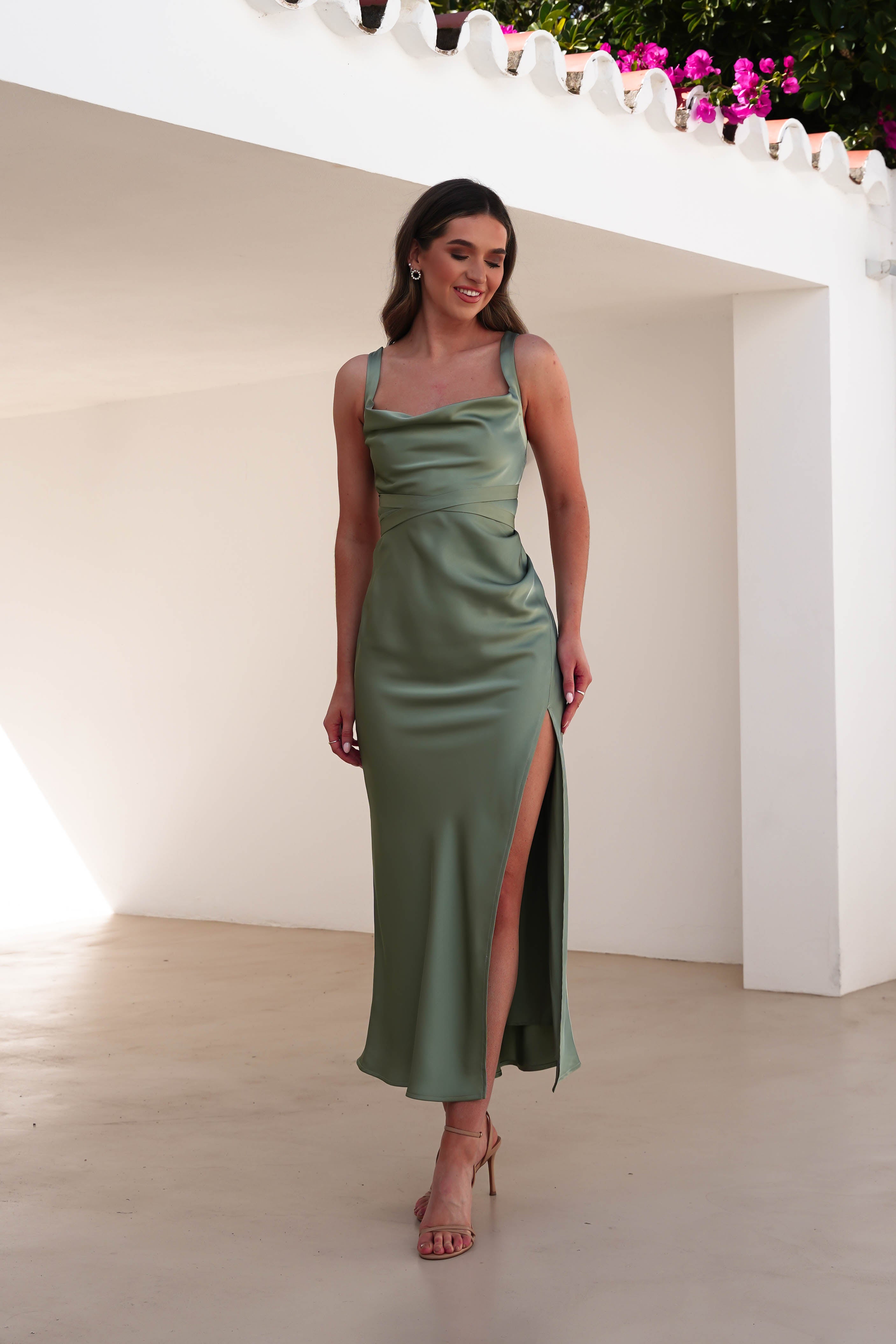 Salma Soft Matte Satin Midaxi Dress | Olive - Oh Hello Clothing