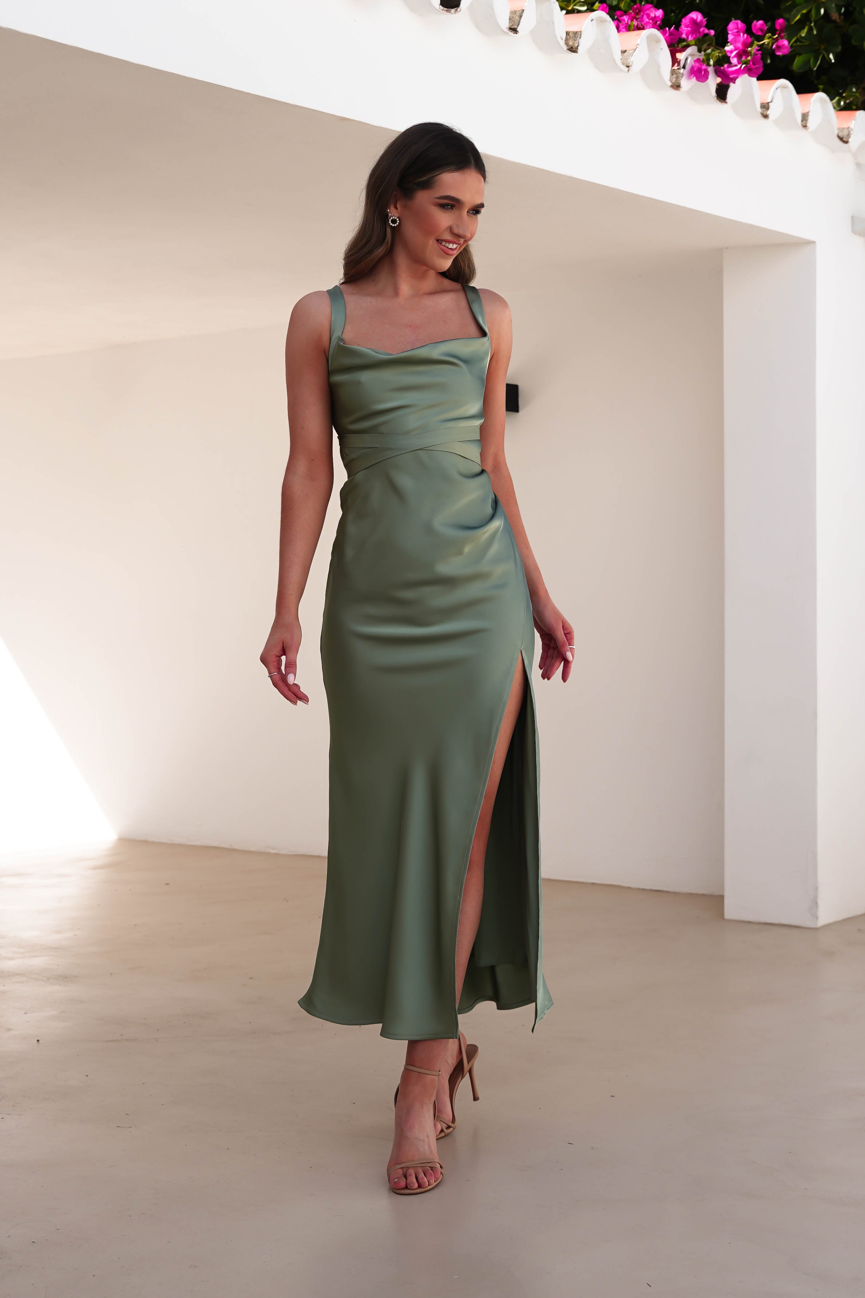 Salma Soft Matte Satin Midaxi Dress | Olive - Oh Hello Clothing