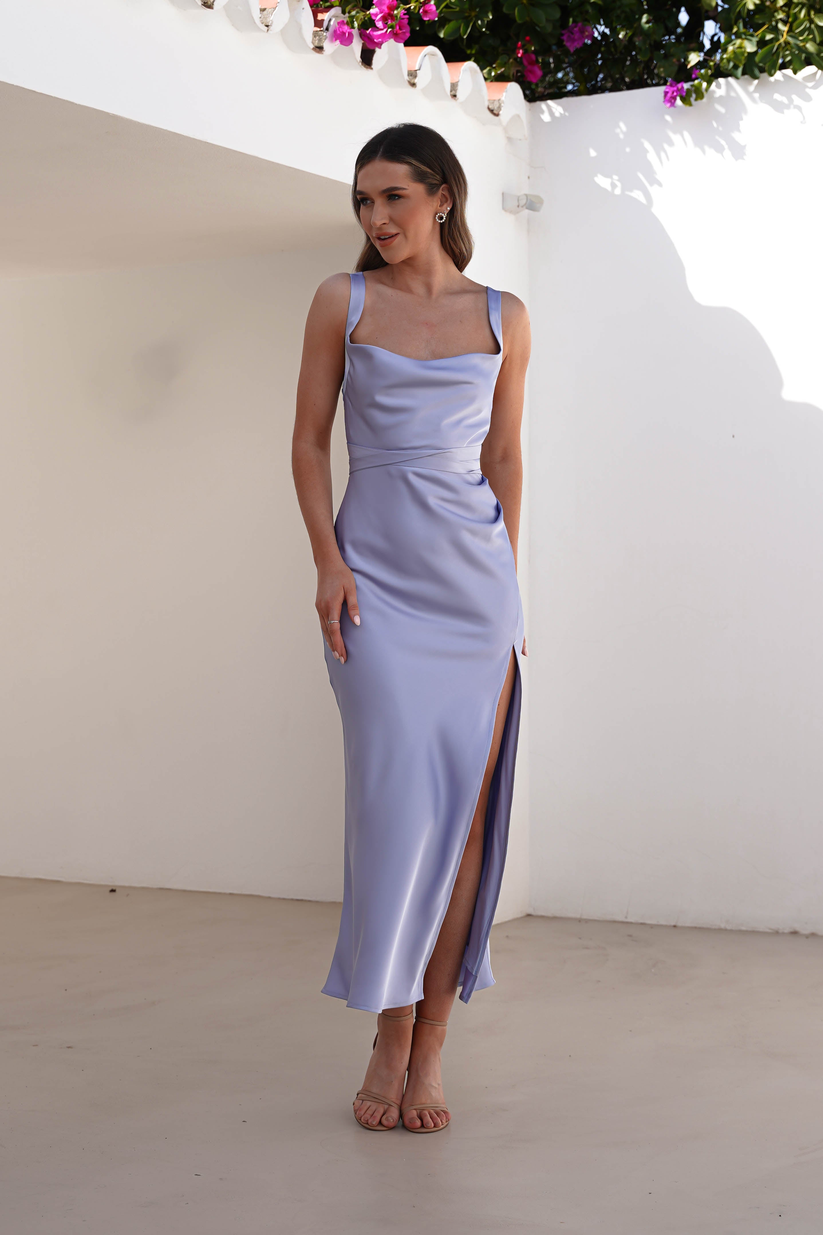 Salma Soft Matte Satin Midaxi Dress | Periwinkle Blue - Oh Hello Clothing