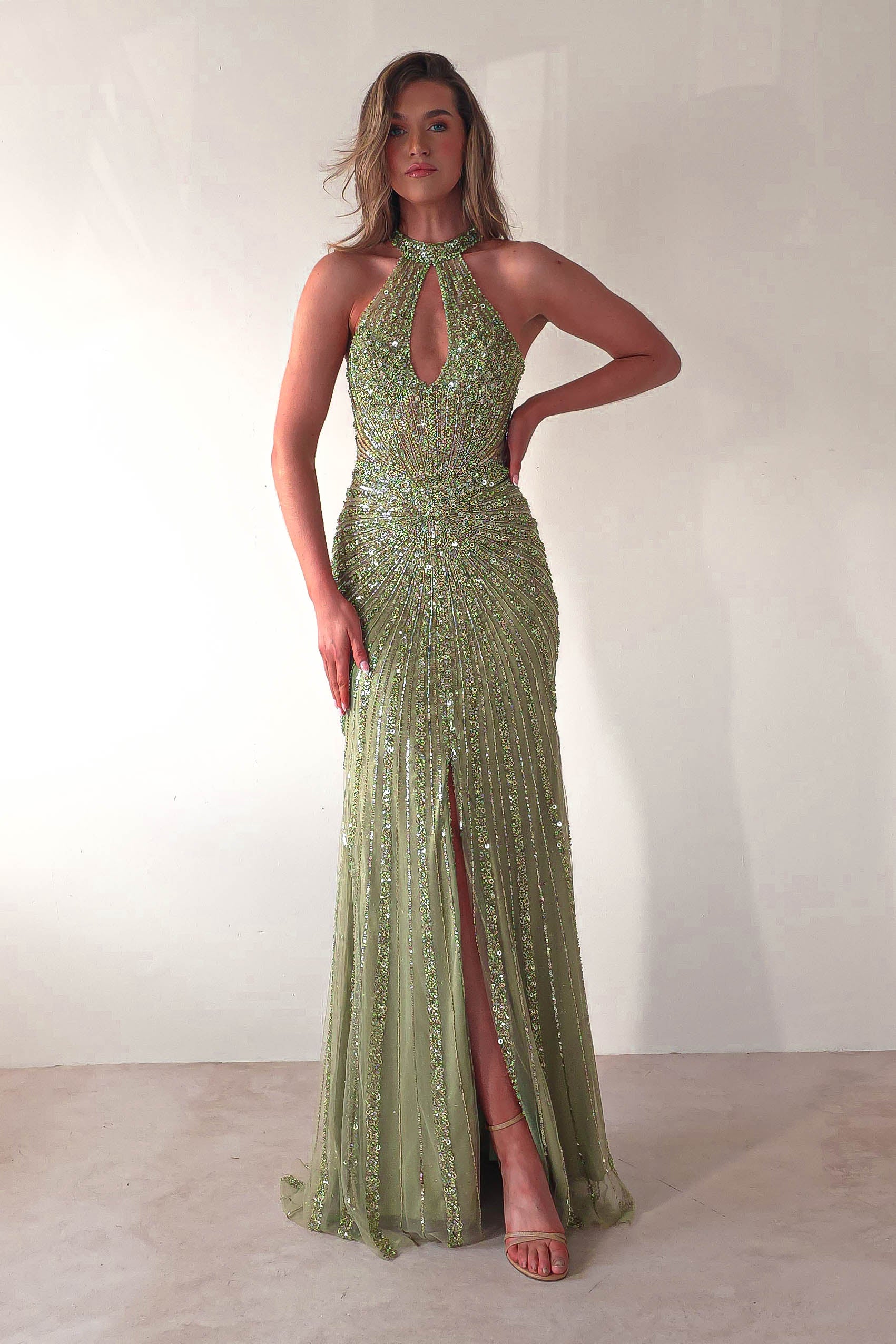 Santana Beaded Keyhole Gown | Green | Oh Hello Clothing | XS (6)