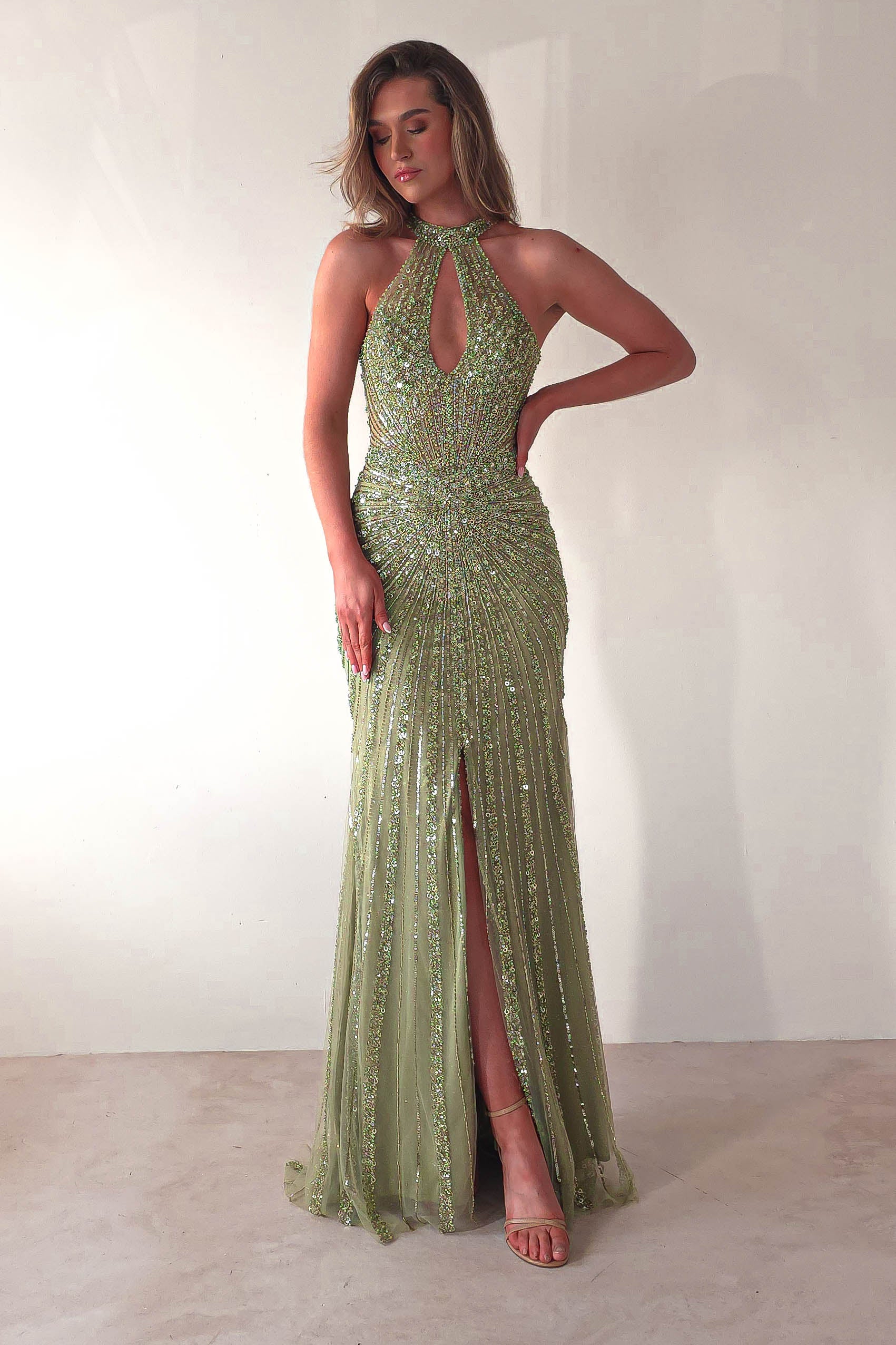 Santana Beaded Keyhole Gown | Green | Oh Hello Clothing | XS (6)