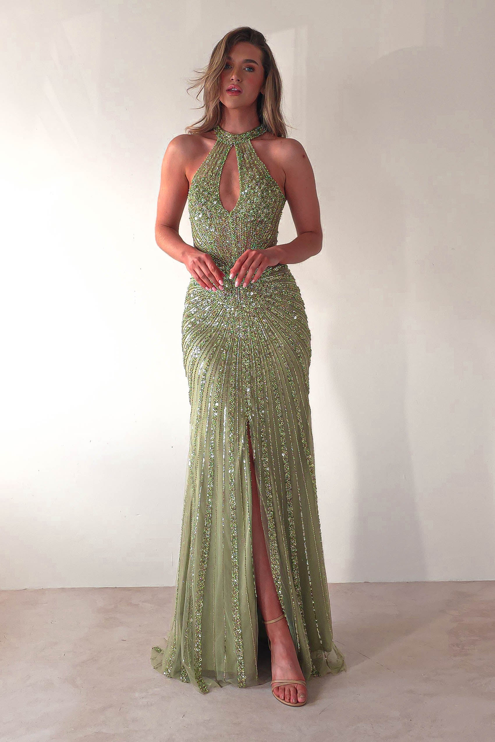 Santana Beaded Keyhole Gown | Green | Oh Hello Clothing | XS (6)