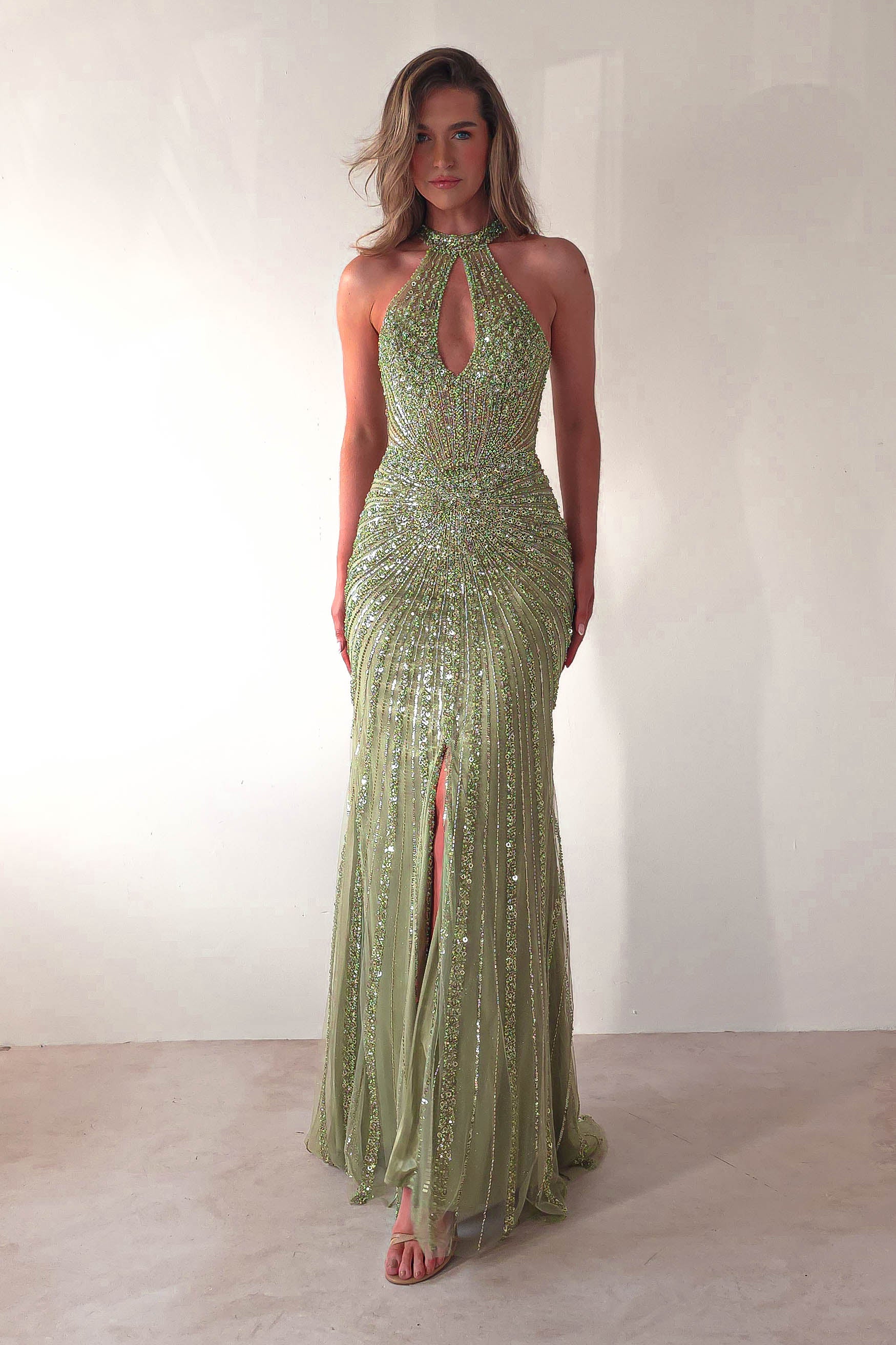 Santana Beaded Keyhole Gown | Green | Oh Hello Clothing | XS (6)