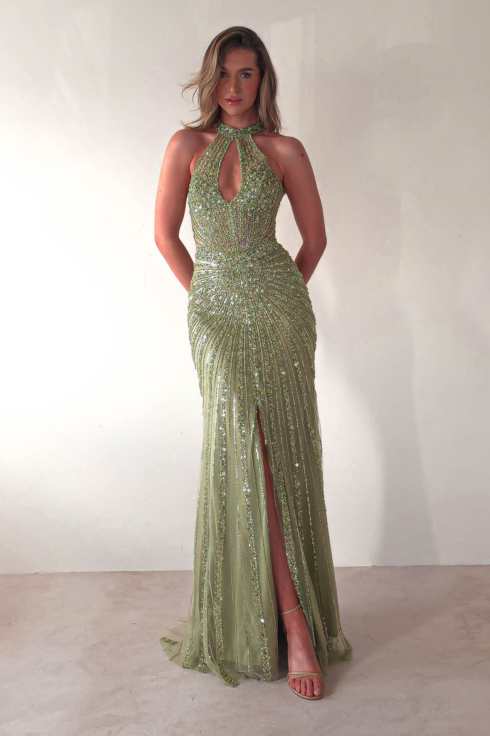 Santana Beaded Keyhole Gown | Green | Oh Hello Clothing | XS (6)