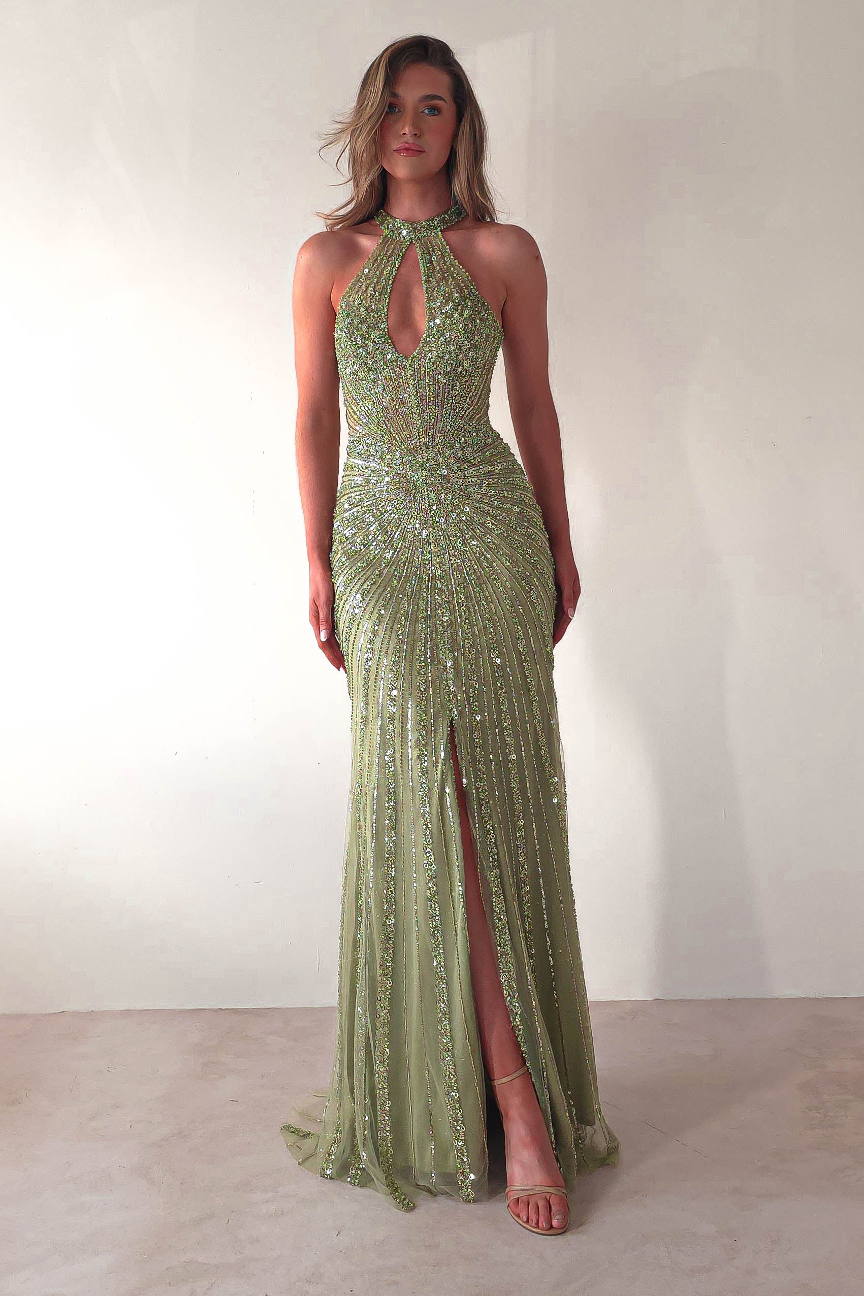 Santana Beaded Keyhole Gown | Green | Oh Hello Clothing | XS (6)
