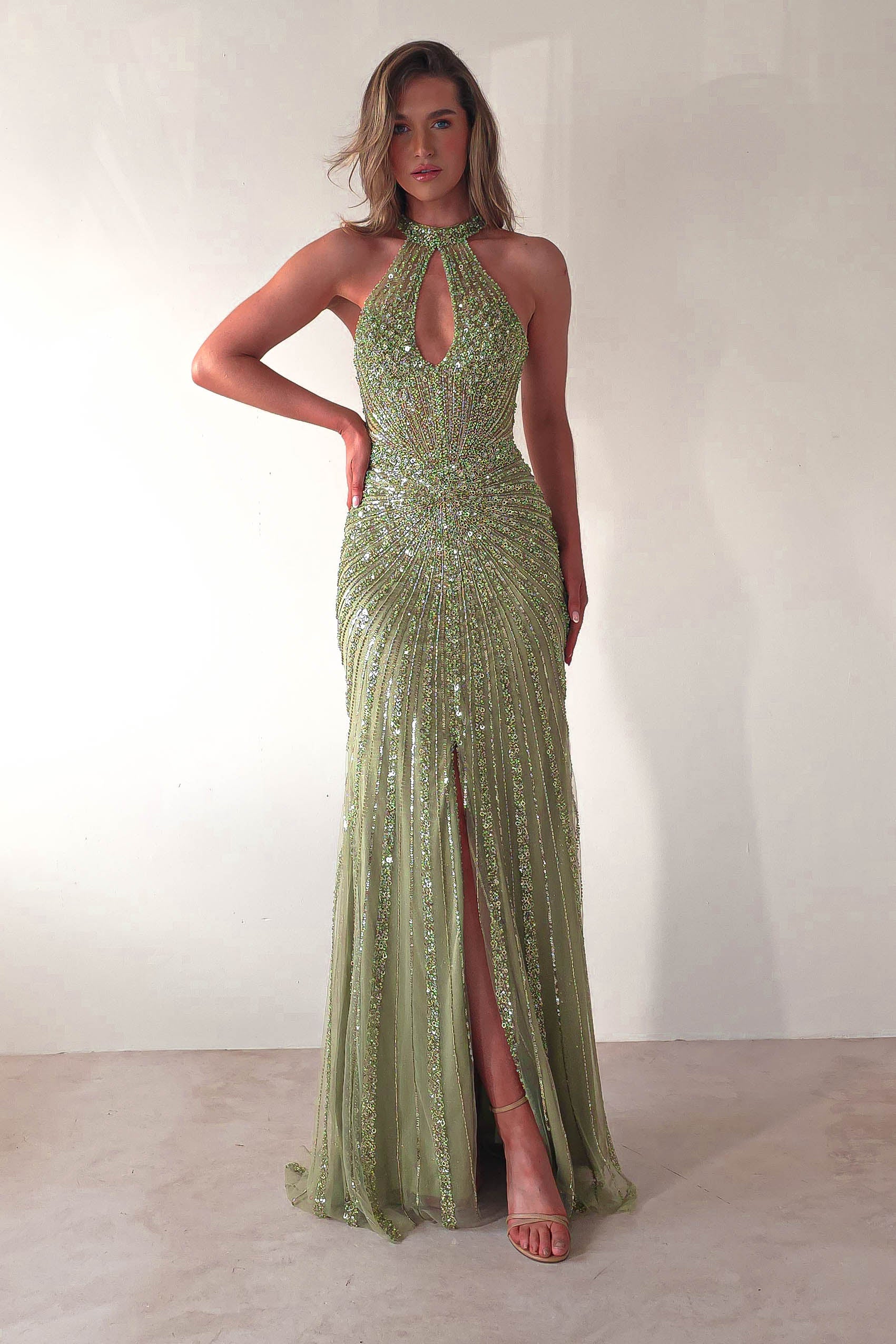 Santana Beaded Keyhole Gown | Green | Oh Hello Clothing | XS (6)