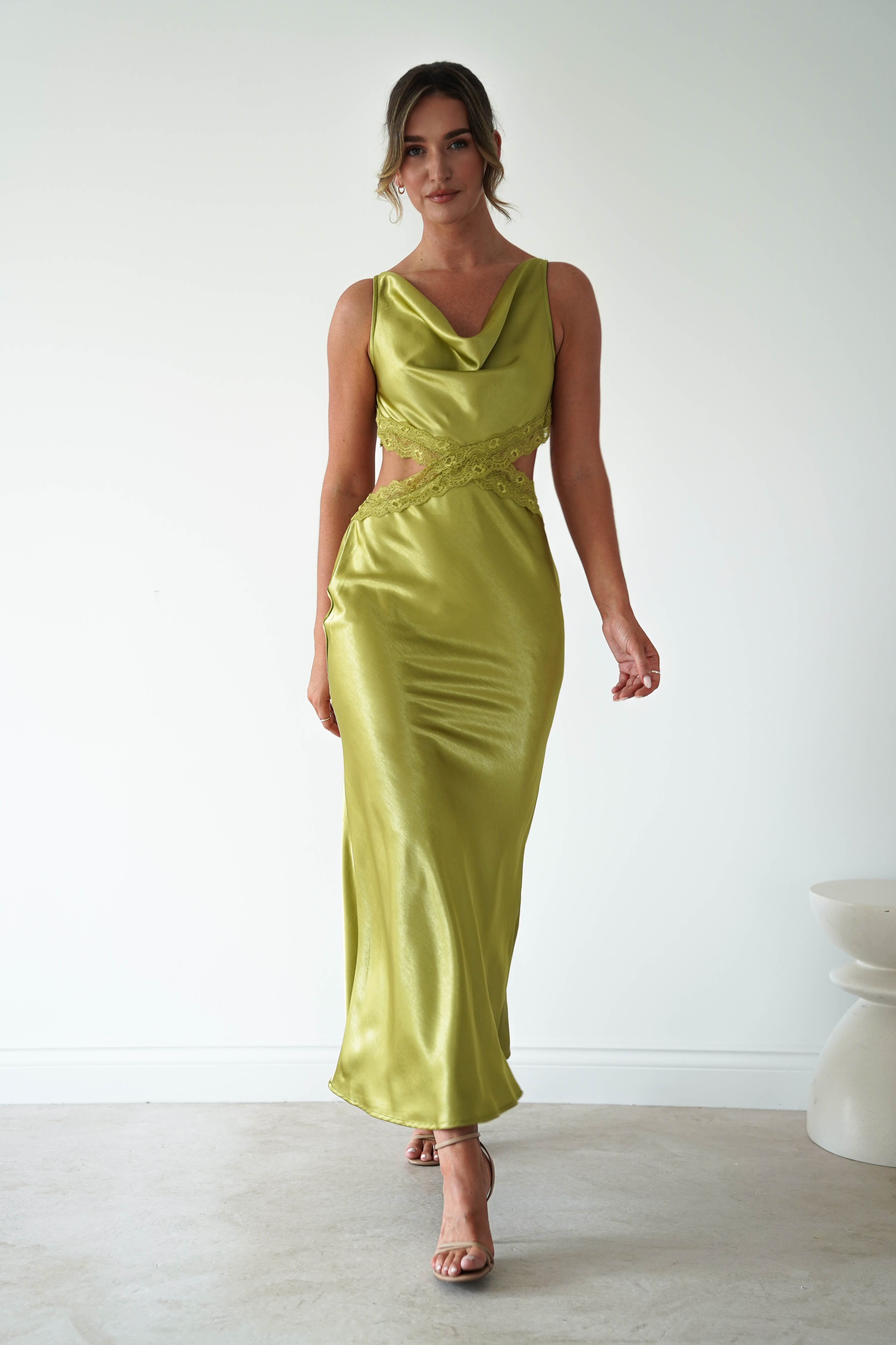 Oh Hello Clothing Women > Clothing > Dresses Saoirse Satin Lace Cut Out Maxi Dress | Lime