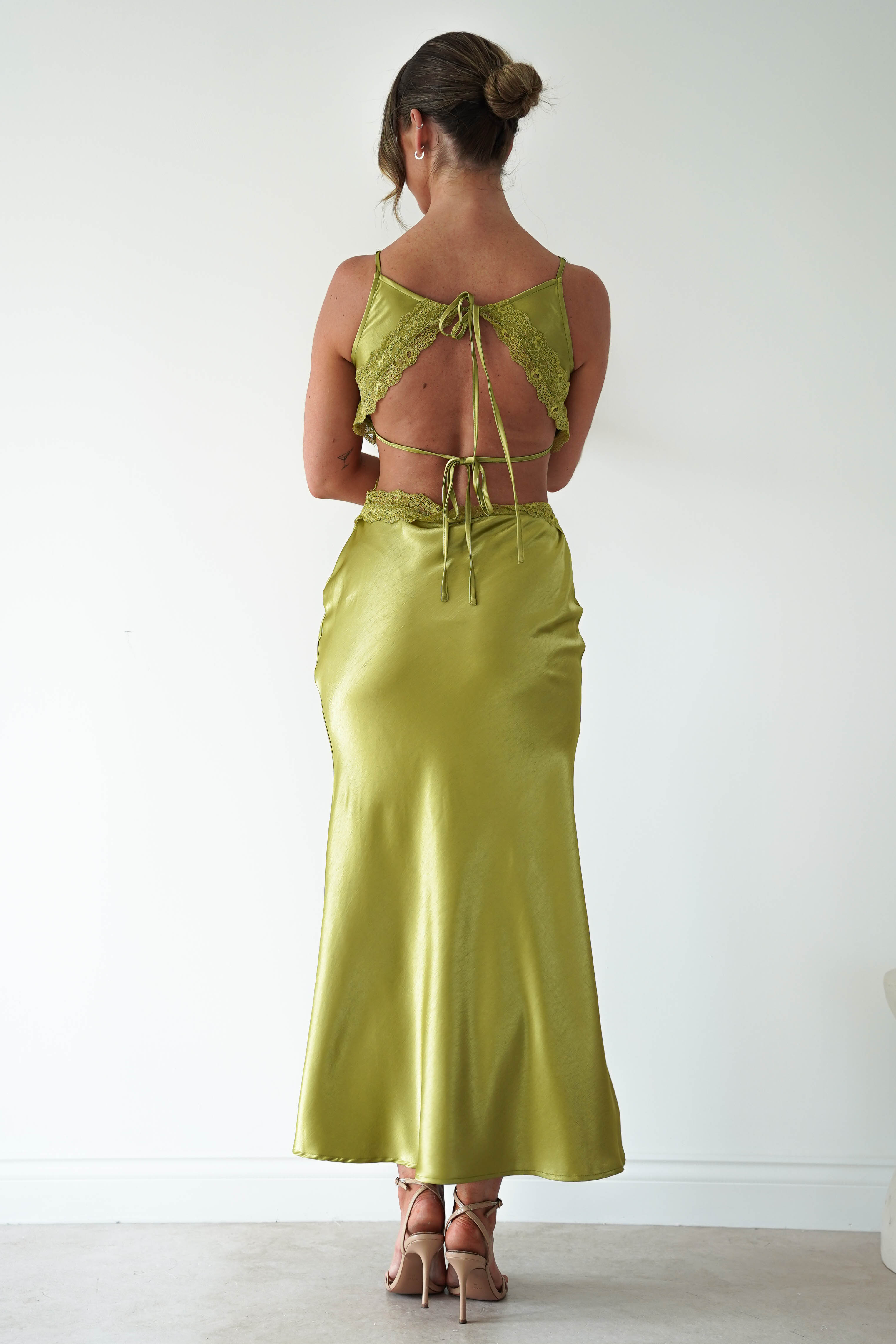 Oh Hello Clothing Women > Clothing > Dresses Saoirse Satin Lace Cut Out Maxi Dress | Lime