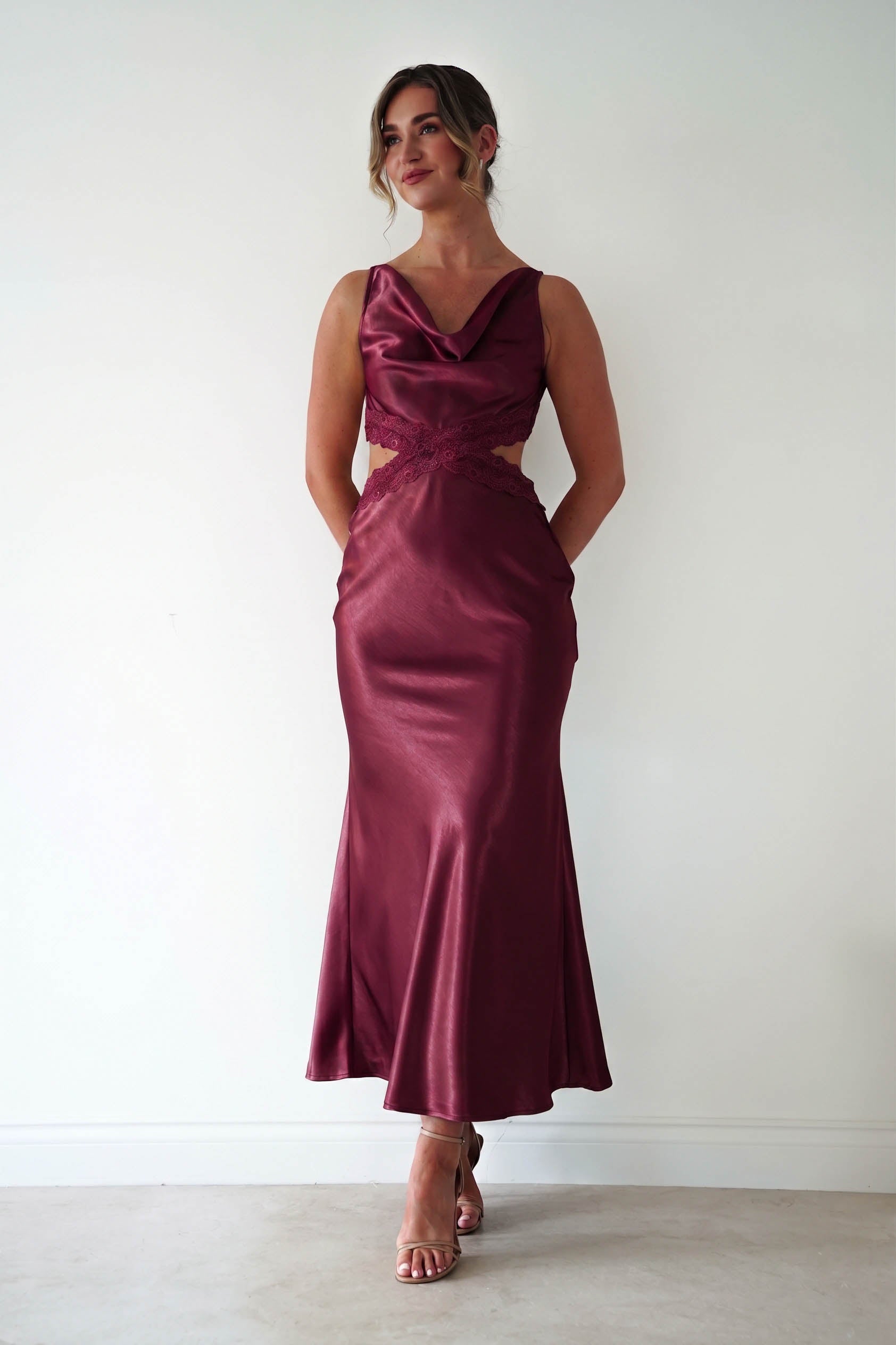 Oh Hello Clothing Women > Clothing > Dresses Saoirse Satin Lace Cut Out Maxi Dress | Wine