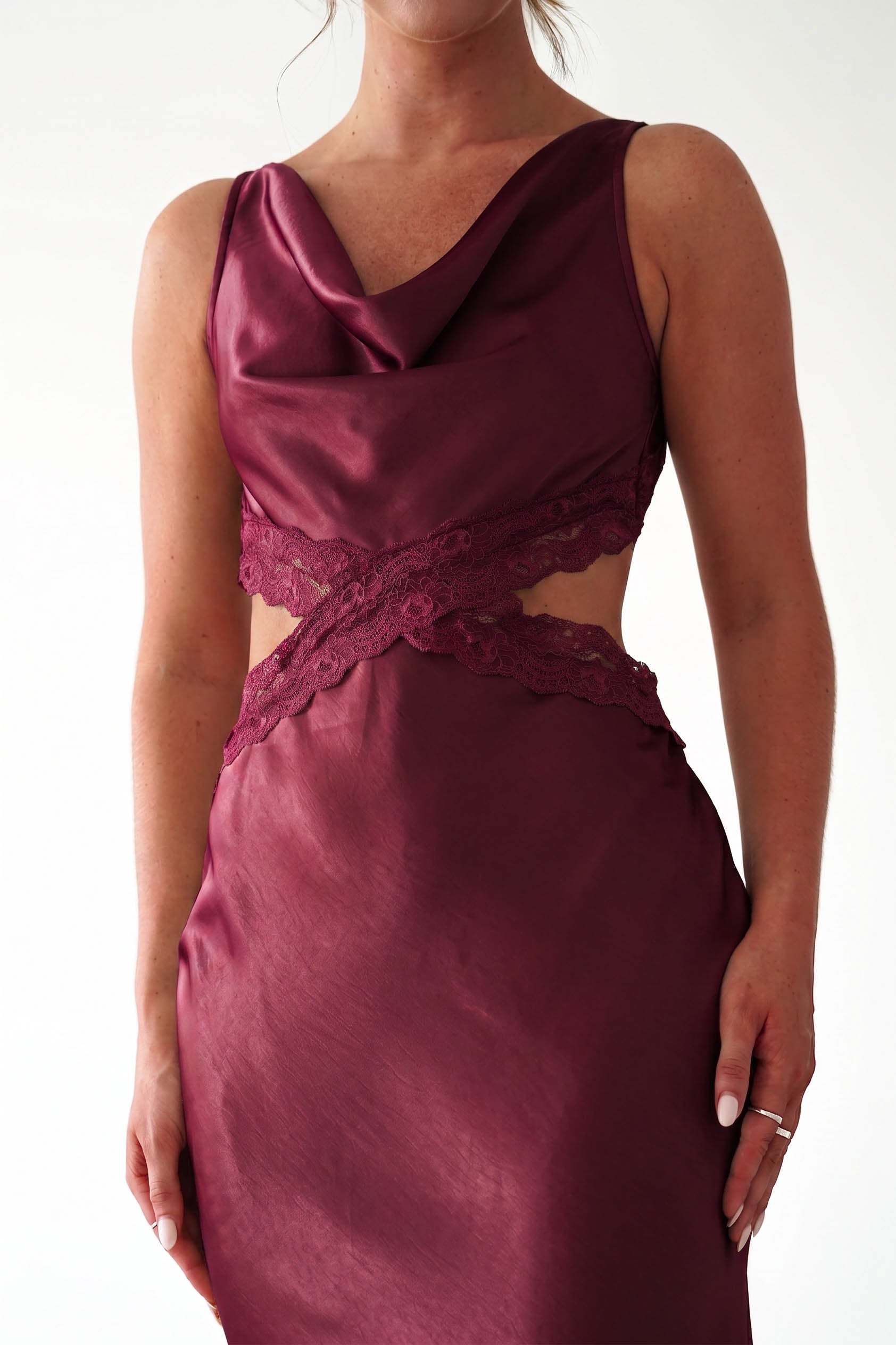 Oh Hello Clothing Women > Clothing > Dresses Saoirse Satin Lace Cut Out Maxi Dress | Wine