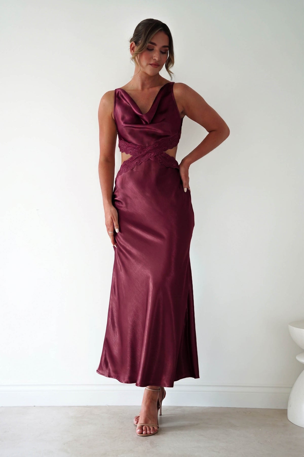 maxi wine dress Saoirse Satin Lace Cut Out EOYSALE50 Red Maxi Dress Cocktail 52 length from neckline Color:AS PHOTO(GRAPE )